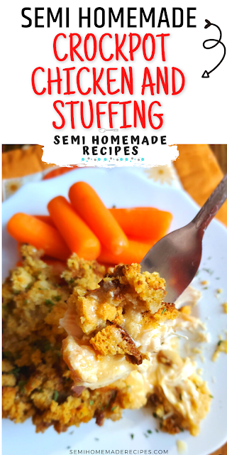 This Semi Homemade Crockpot Chicken and Stuffing recipe only takes about 5 minutes to toss together! Toss a few easy ingredients into the slow cooker and dinner will be ready without much work at all!