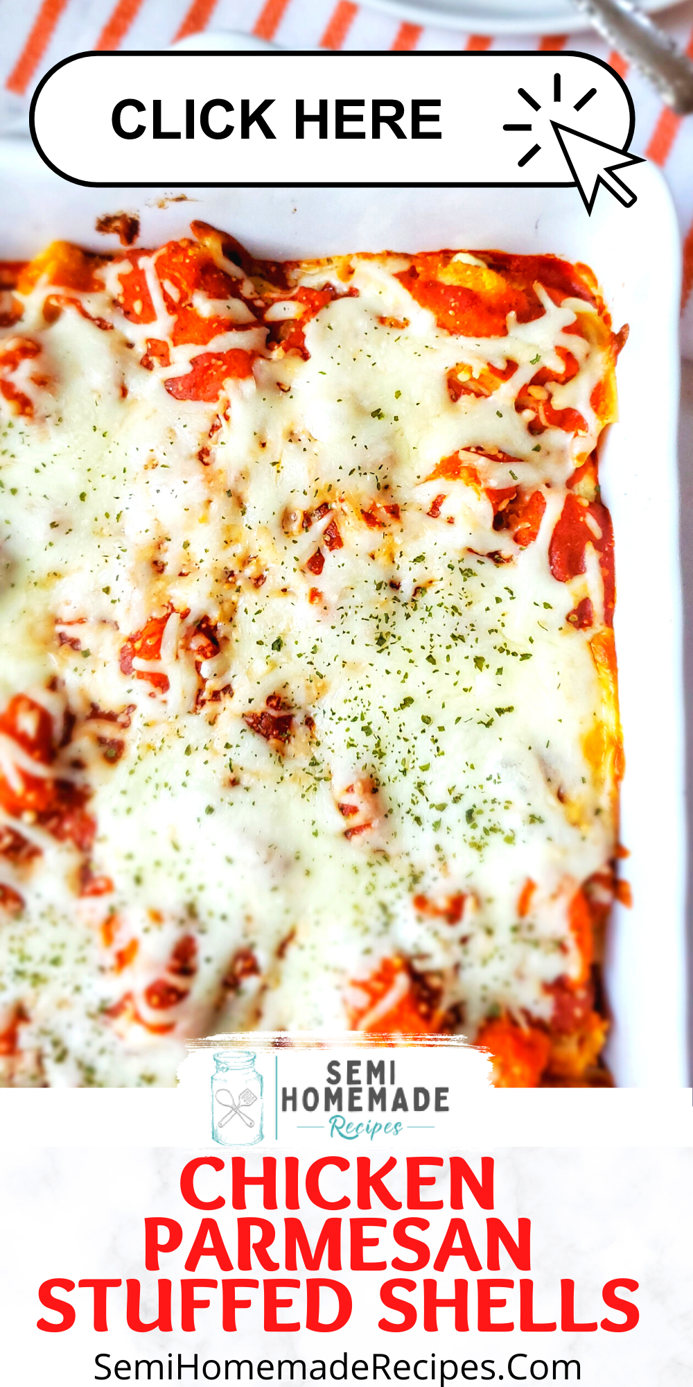 This super easy semi homemade recipe combines tasty Chicken Parmesan and Stuffed Shells to create a perfect Chicken Parmesan Stuffed Shells dinner! 