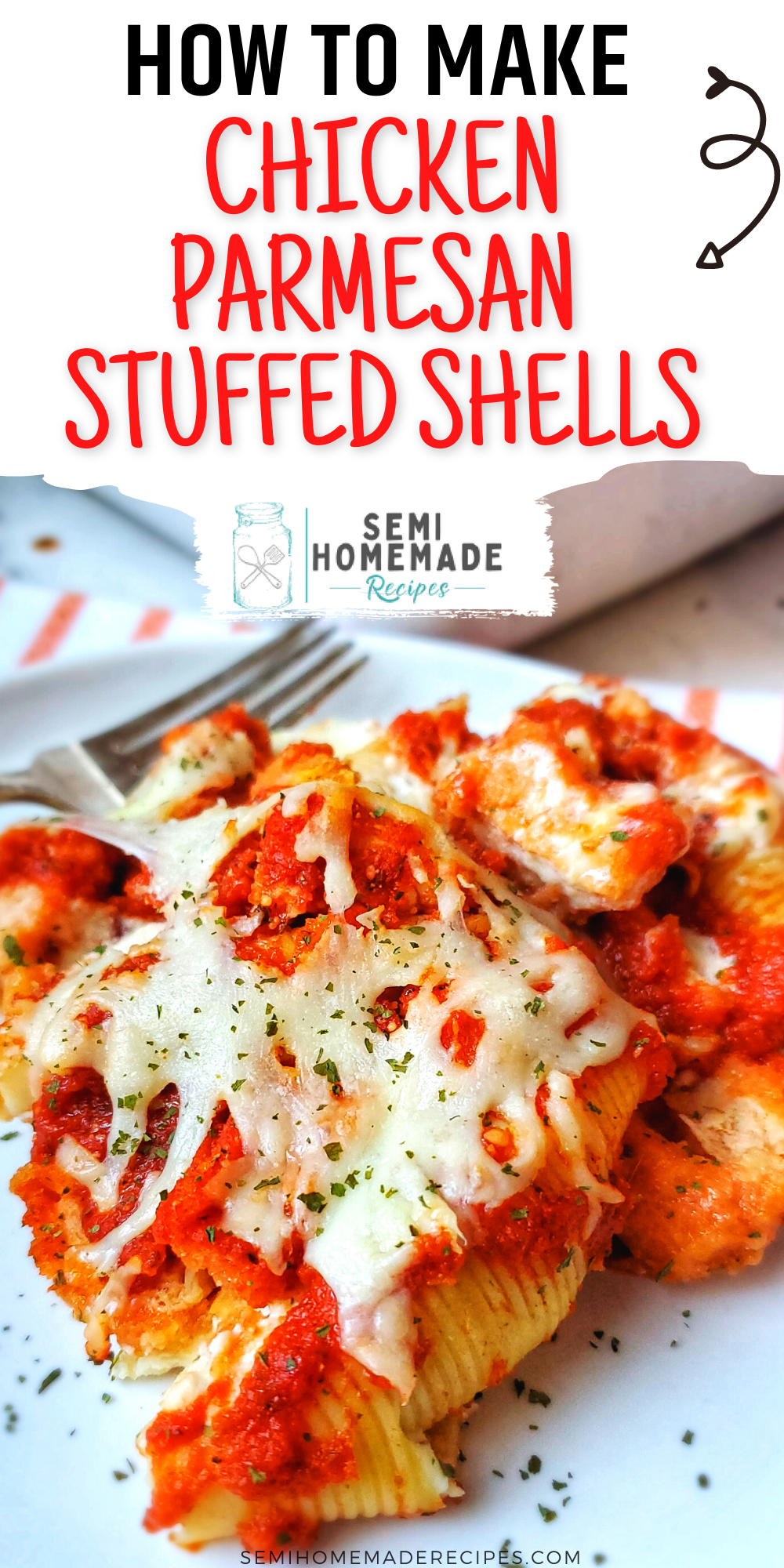 This super easy semi homemade recipe combines tasty Chicken Parmesan and Stuffed Shells to create a perfect Chicken Parmesan Stuffed Shells dinner! 