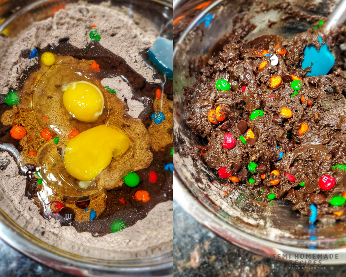 mixing dough for M&M Cake Mix cookies