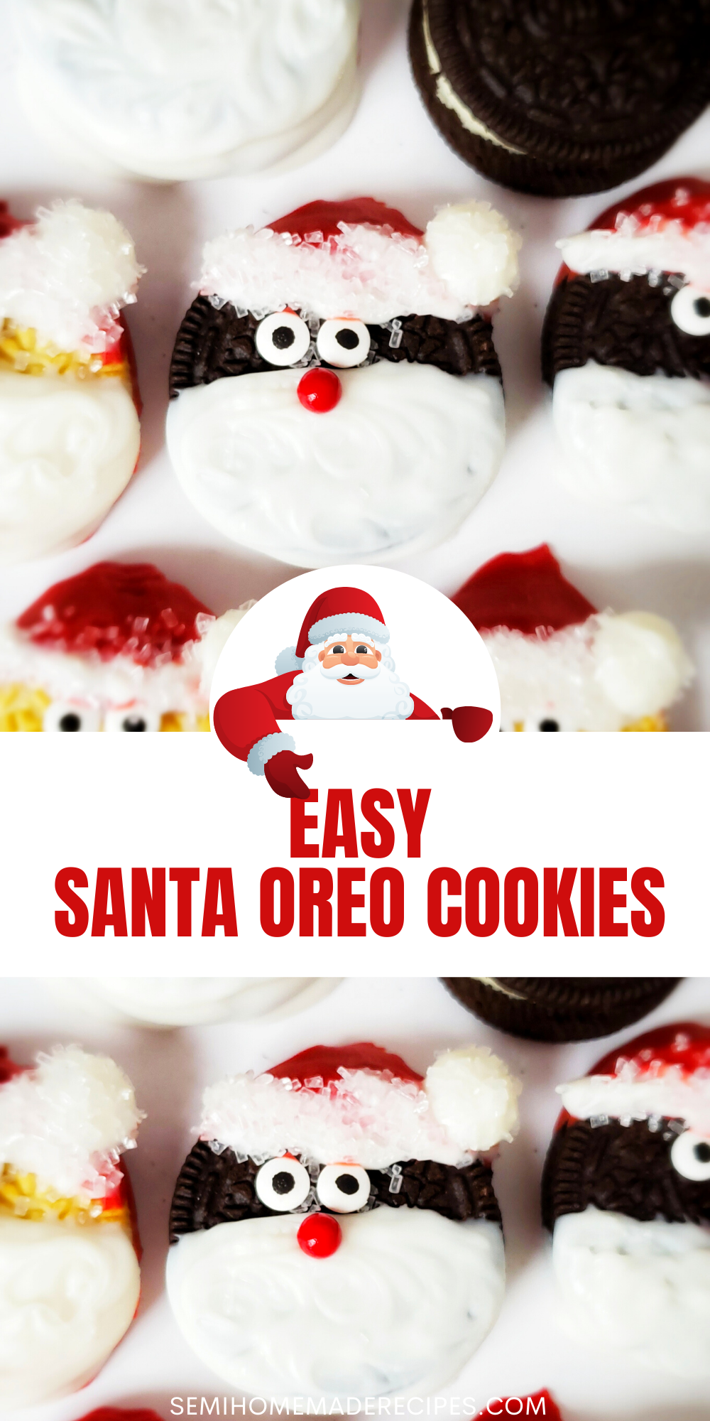 Take your favorite chocolate sandwich cookie and turn it into a sweet old Santa Clause with these directions for Easy Santa Oreo Cookies!