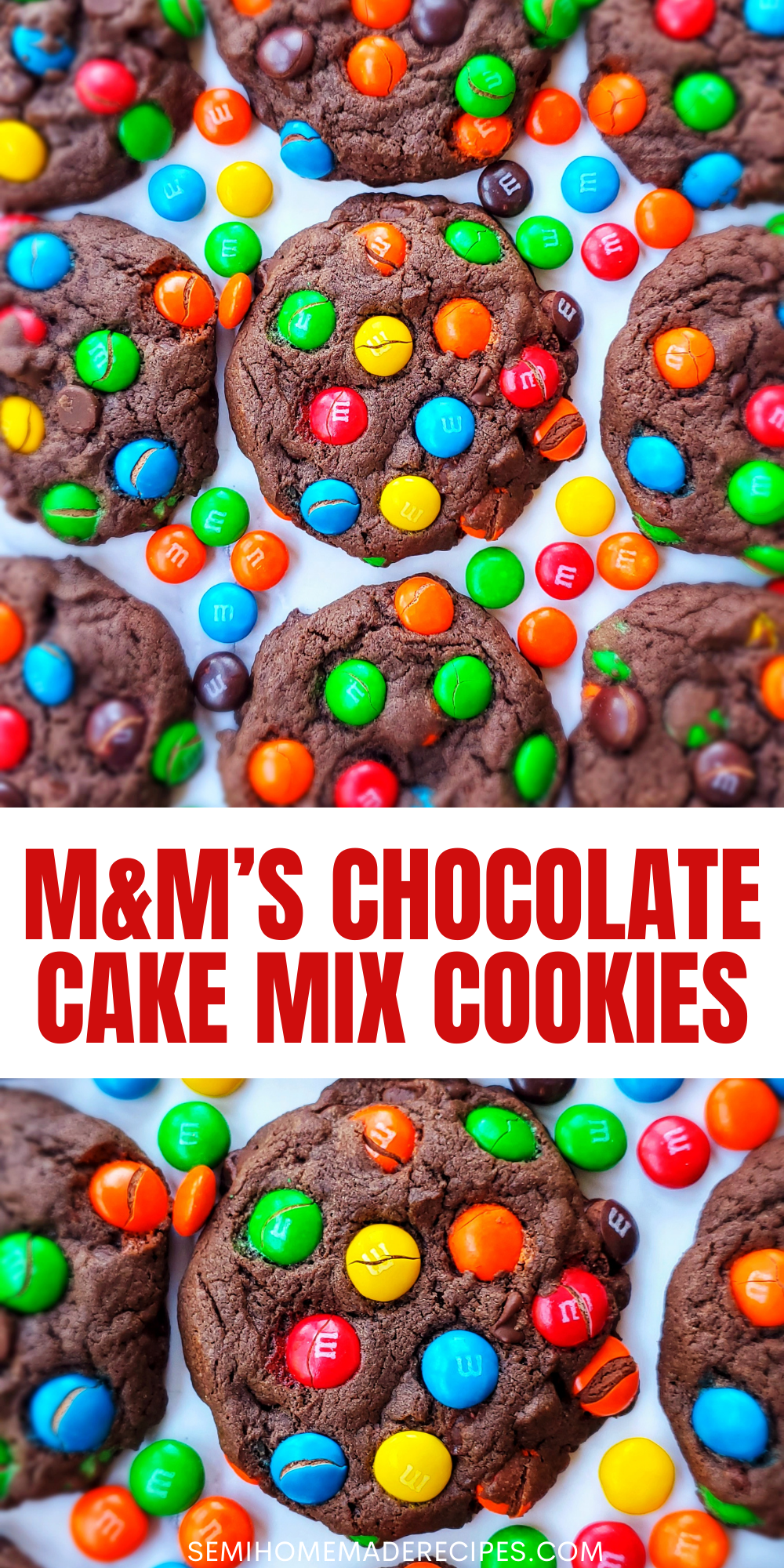 These easy M&M's Chocolate Cake Mix Cookies are made using chocolate cake mix, oil, eggs and colorful chocolate M&M candies!