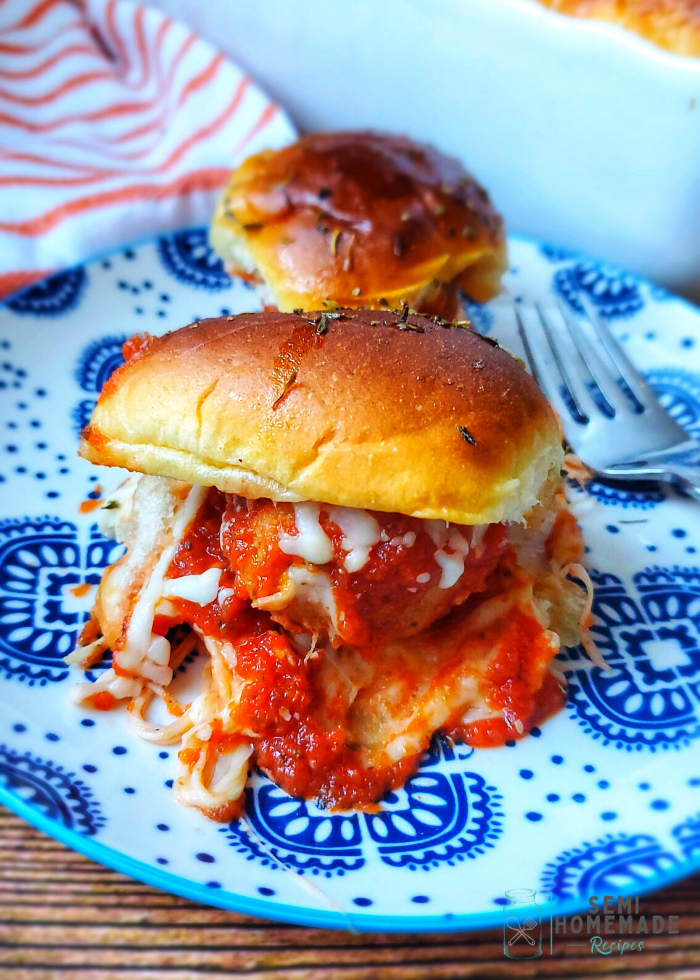 meatball slider on blue and white plate
