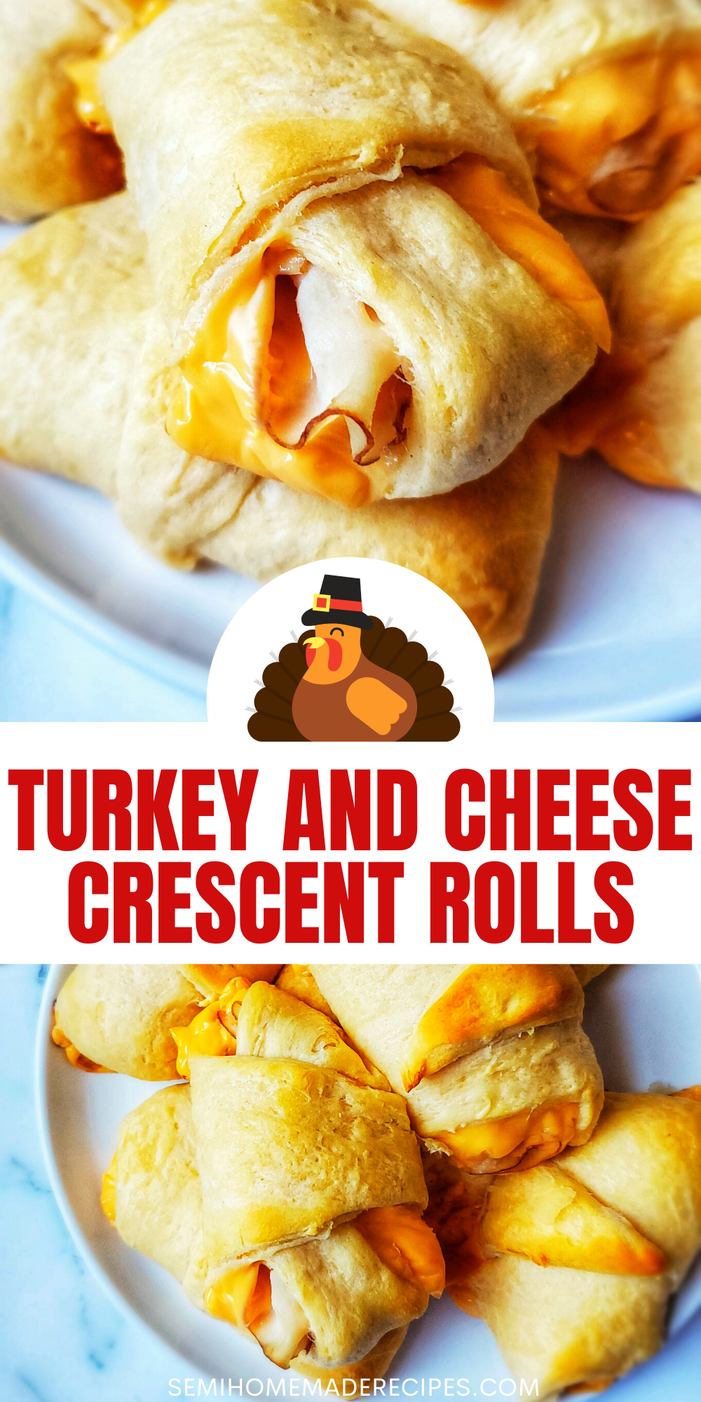  Turkey and Cheese Crescent Rolls - Thin slices of turkey and slices of cheese are rolled into crescent roll dough and baked for the perfect lunch or snack! You can also use shredded cheese for these rolls! I also love using sliced ham, rotisserie chicken, and leftover Thanksgiving turkey for these little sandwiches too! 