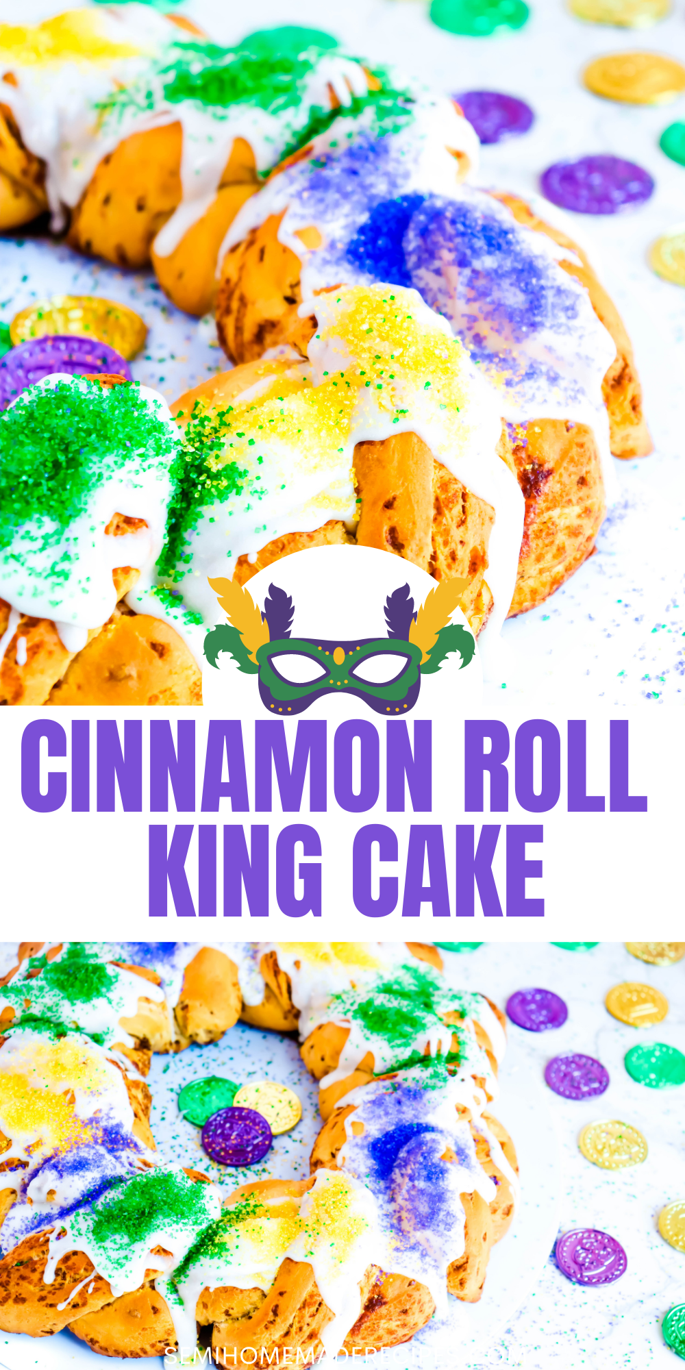 Celebrate Mardi Gras at home with this fun and Easy Cinnamon Roll King Cake! Made with cinnamon rolls, topping with icing and Mardi Gras color themed sugar for easiest king cake ever! 