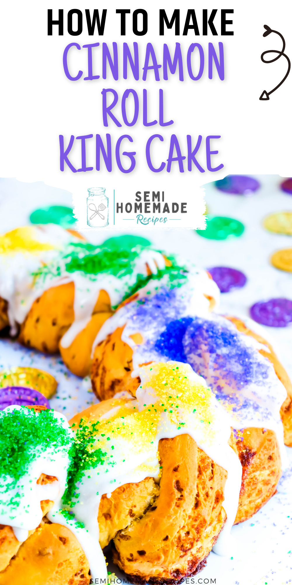 Celebrate Mardi Gras at home with this fun and Easy Cinnamon Roll King Cake! Made with cinnamon rolls, topping with icing and Mardi Gras color themed sugar for easiest king cake ever! 