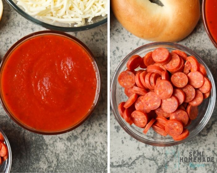 Pizza sauce in a bowl and mini pepperonis in a small glass bowl