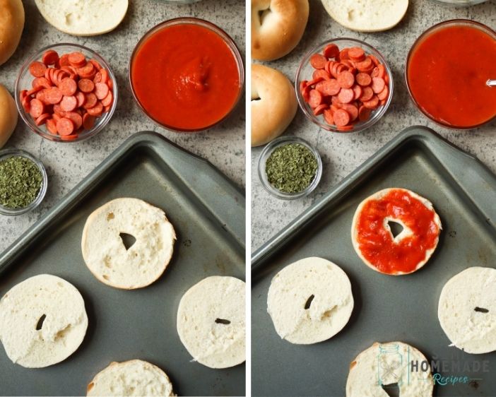 Mini Bagels on a baking sheet with and without sauce