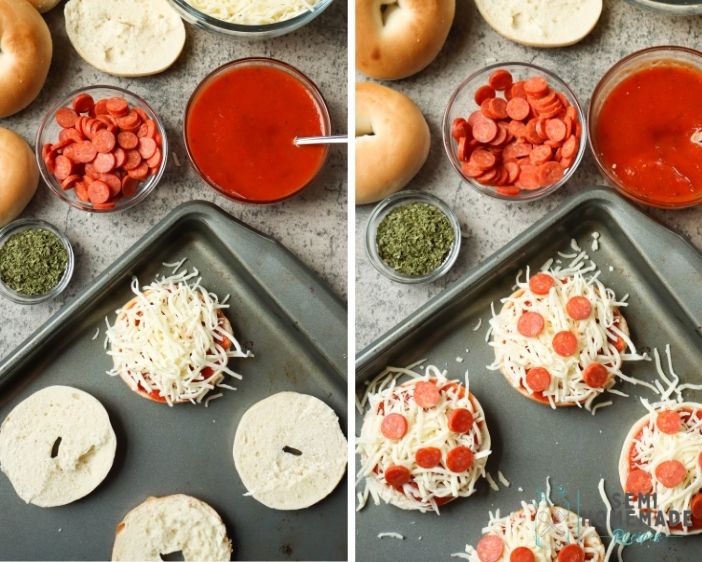 Mini Bagels on a baking sheet with cheese and pepperoni
