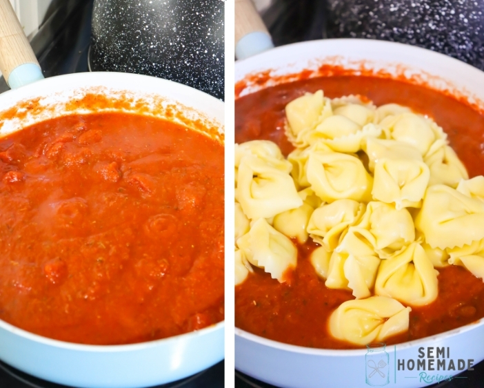 Pasta sauce on left and pasta sauce with tortellini on right