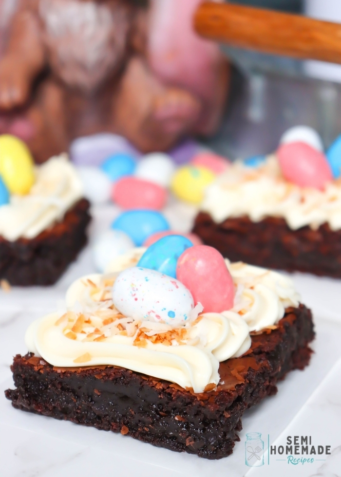 Frosted Bird Nest Easter Brownies with Robin Eggs on top