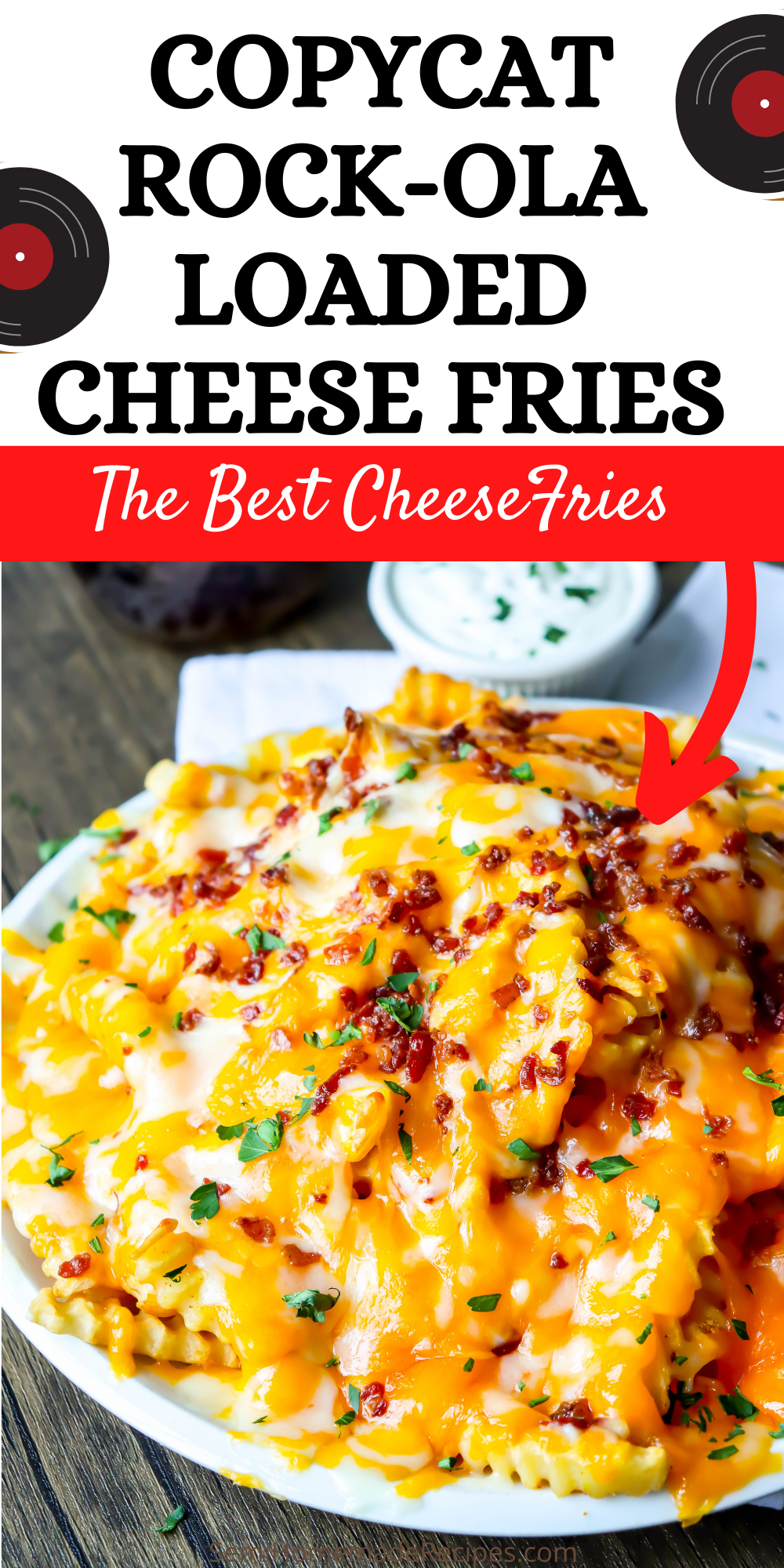 These CopyCat Rock-ola Loaded Cheese Fries are easy to make and you're going to love them! Crinkle fries smothered in grated cheddar and monterey jack cheese, topped with bacon! Perfect with a side of ranch! 