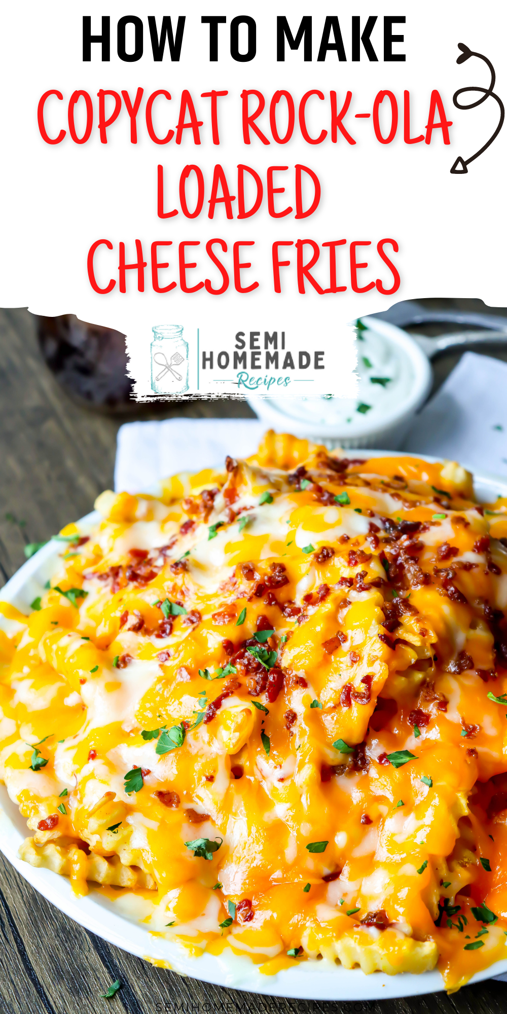 These CopyCat Rock-ola Loaded Cheese Fries are easy to make and you're going to love them! Crinkle fries smothered in grated cheddar and monterey jack cheese, topped with bacon! Perfect with a side of ranch! 