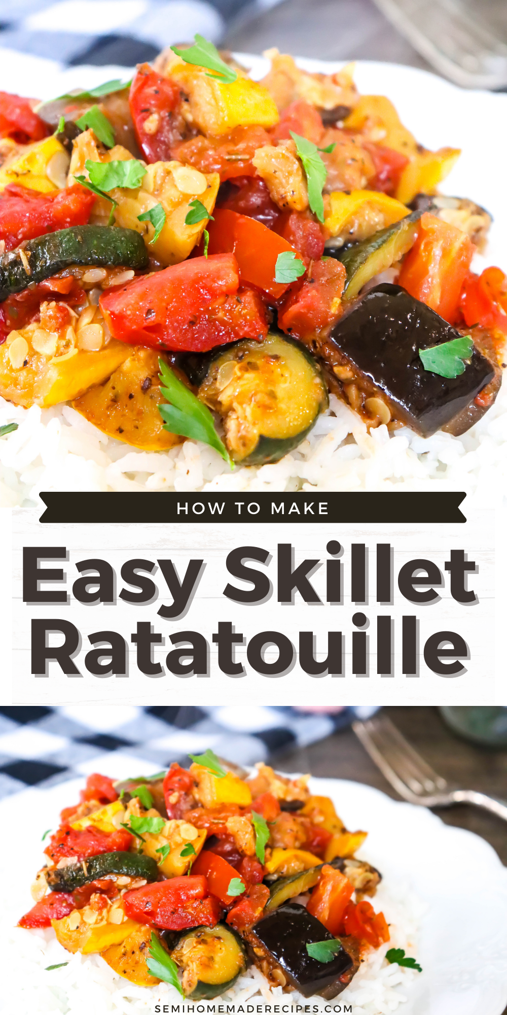 This Easy Skillet Ratatouille is my simple version of the famous French stewed vegetable dish of Ratatouille. This dish is made up of cooked summer yellow squash, zucchini, tomatoes and seasonings. A great recipe for using up those summer vegetables. 