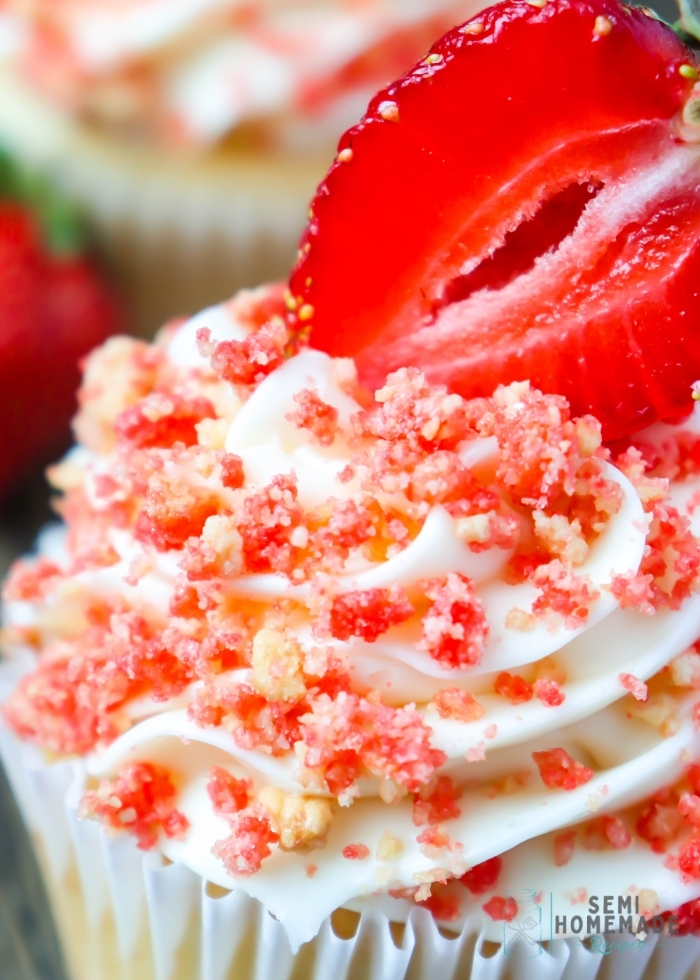 close up of the topping for Strawberry Crunch Cupcakes