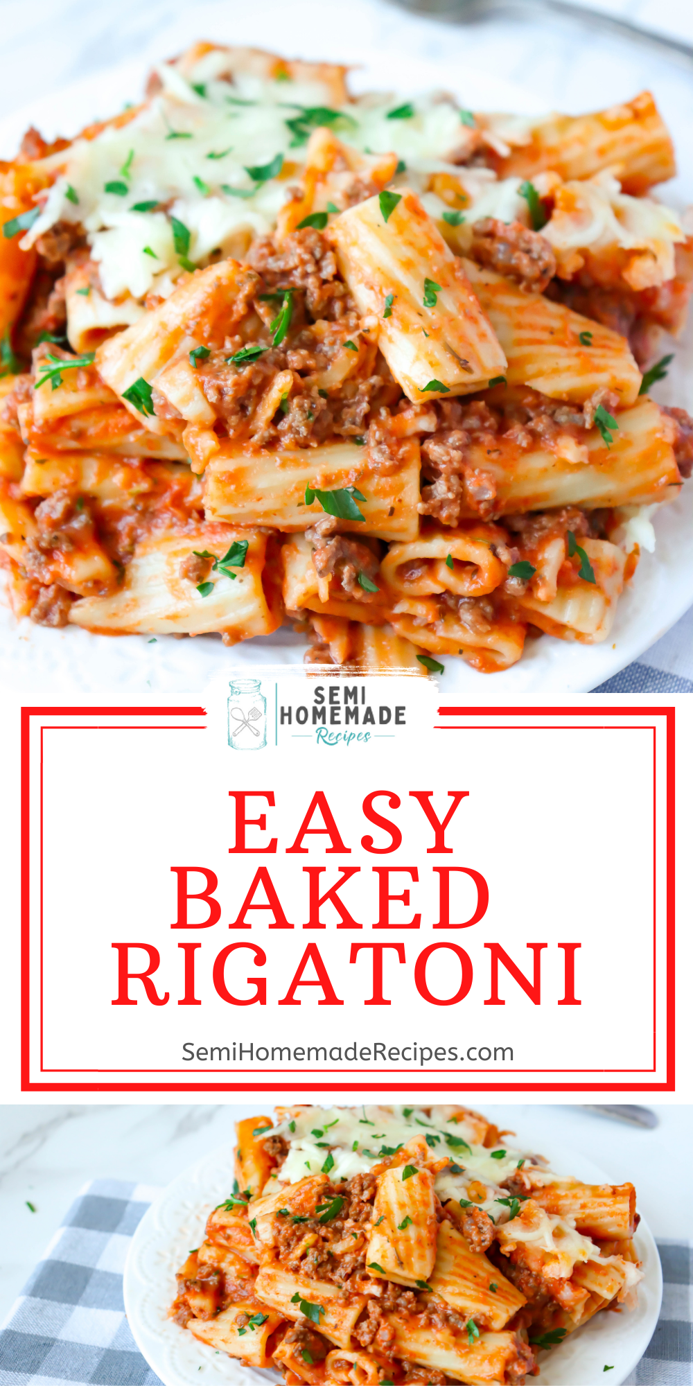 Baked Rigatoni is a rigatoni baked pasta casserole that is mixed with a wonderful meat sauce and topped with shredded mozzarella cheese.