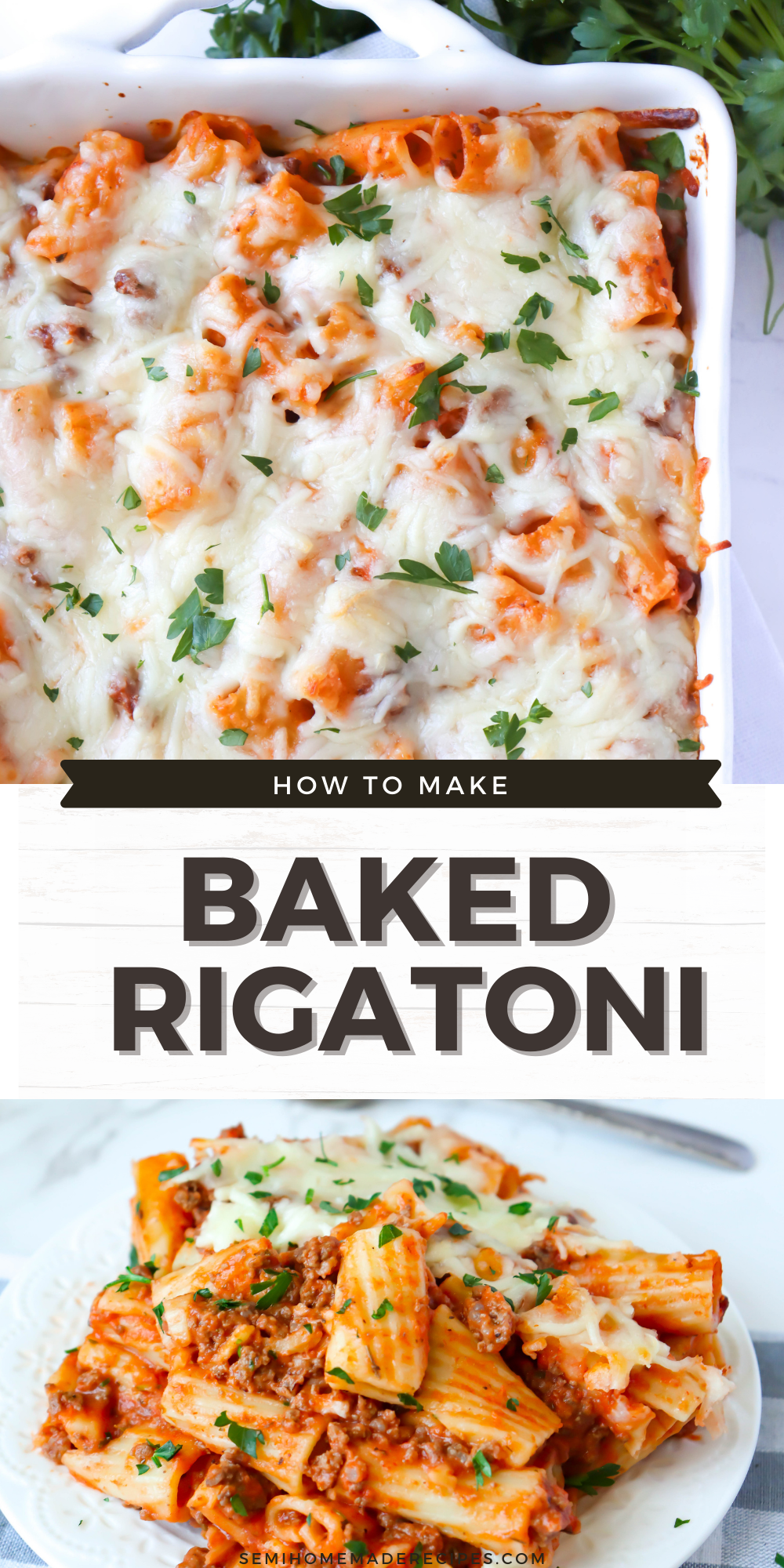 Baked Rigatoni is a rigatoni baked pasta casserole that is mixed with a wonderful meat sauce and topped with shredded mozzarella cheese.