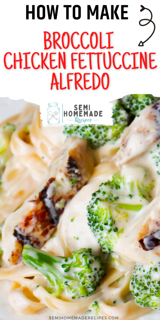 Ready for a great semi homemade dinner idea? This super easy Broccoli Chicken Fettuccine Alfredo recipe uses your favorite jarred alfredo sauce, frozen broccoli florets, chicken and fettuccini pasta to create a super tasty and fast meal!