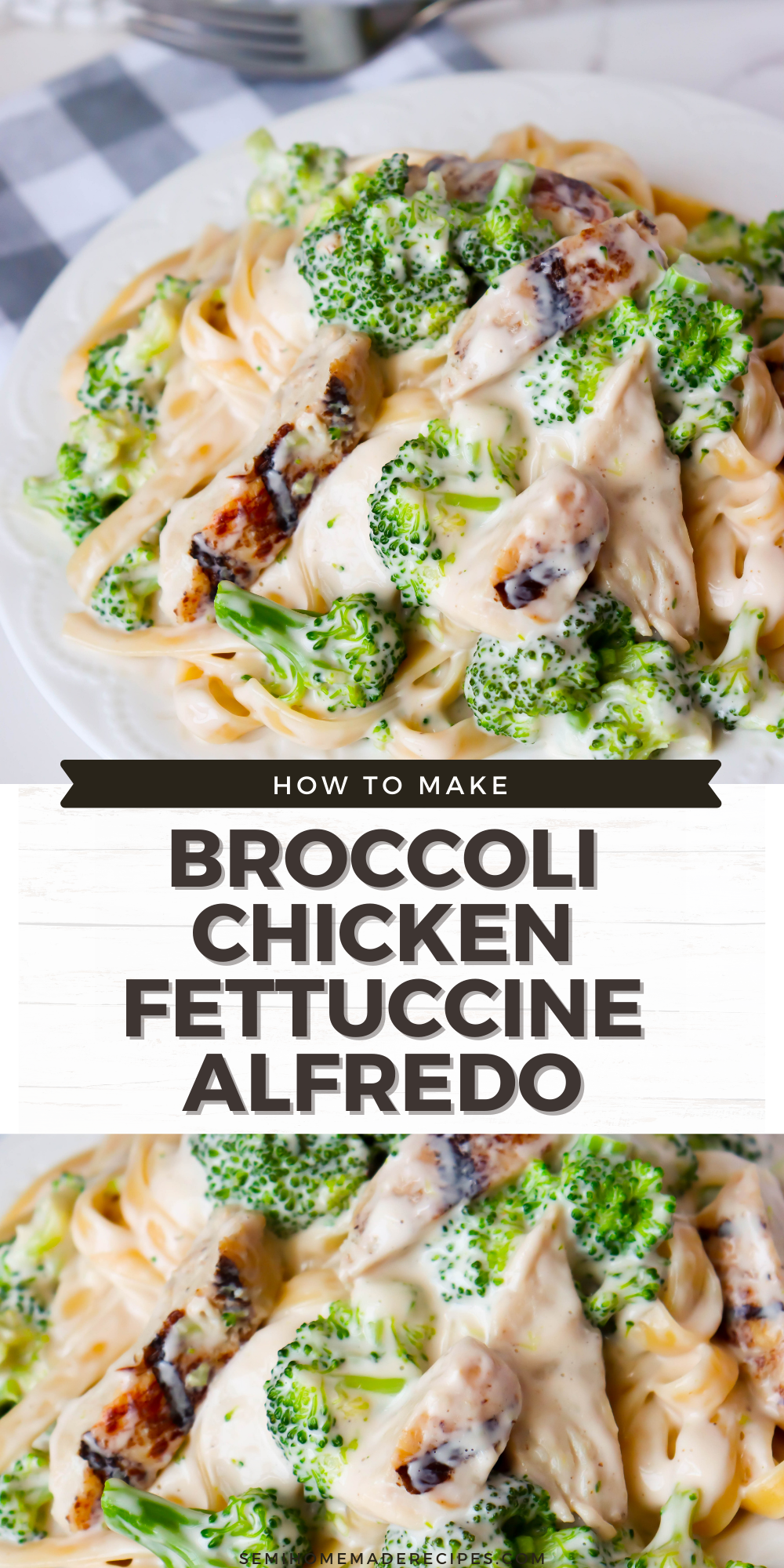 Ready for a great semi homemade dinner idea? This super easy Broccoli Chicken Fettuccine Alfredo recipe uses your favorite jarred alfredo sauce, frozen broccoli florets, chicken and fettuccini pasta to create a super tasty and fast meal! 