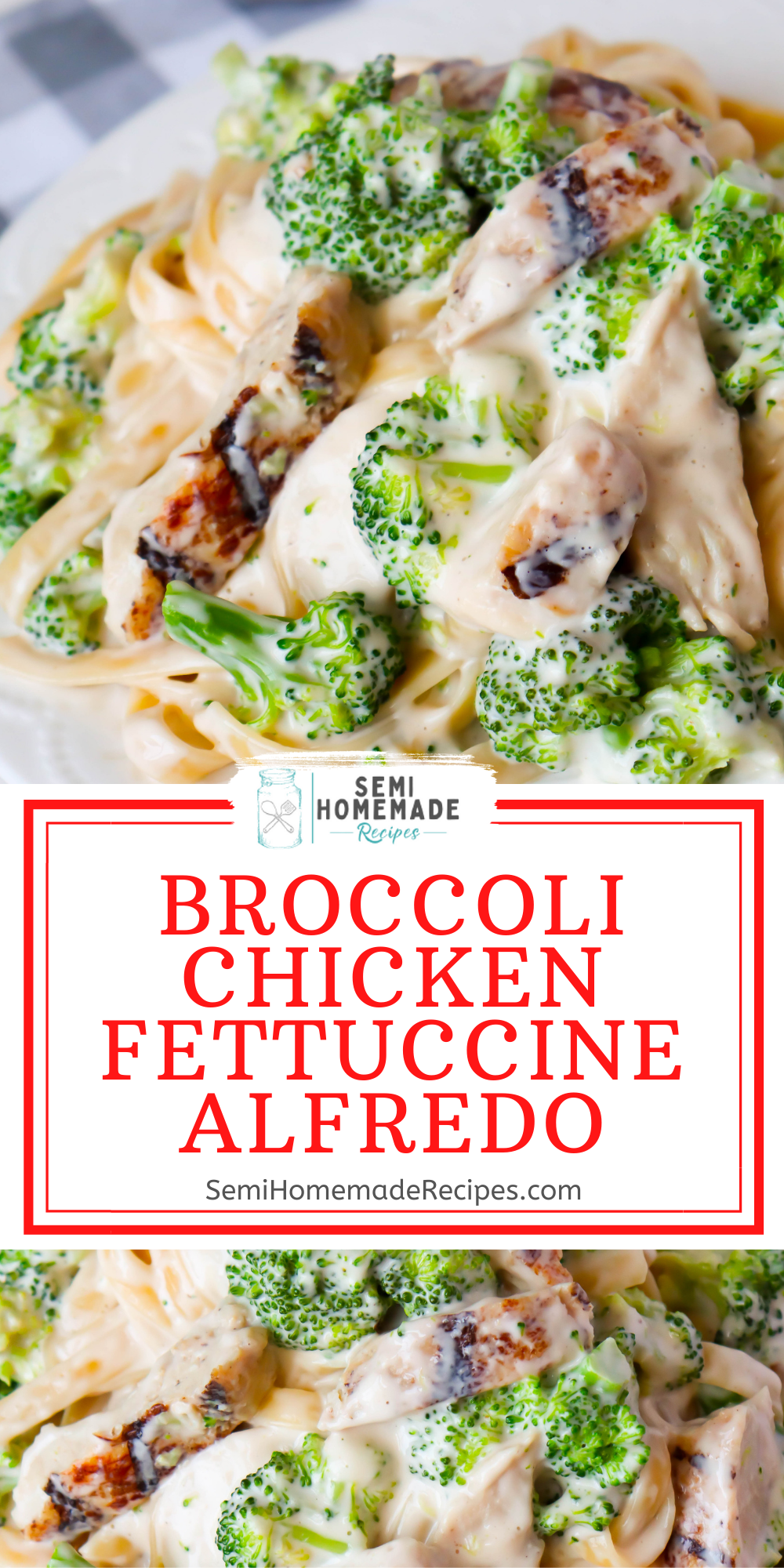 Ready for a great semi homemade dinner idea? This super easy Broccoli Chicken Fettuccine Alfredo recipe uses your favorite jarred alfredo sauce, frozen broccoli florets, chicken and fettuccini pasta to create a super tasty and fast meal! 
