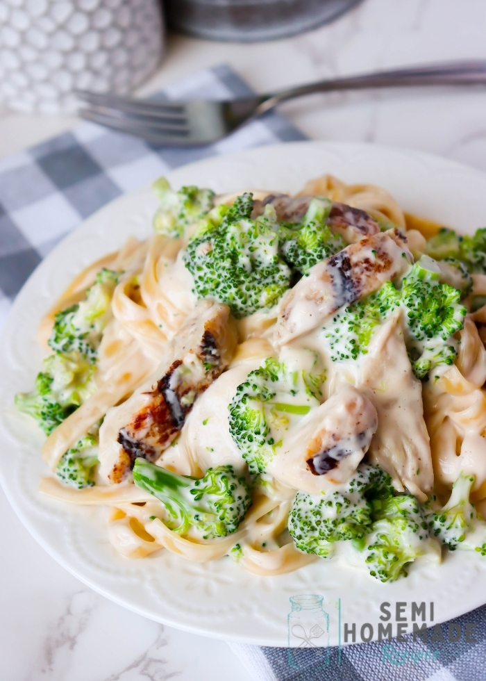 Broccoli Chicken Fettuccine Alfredo on white plate