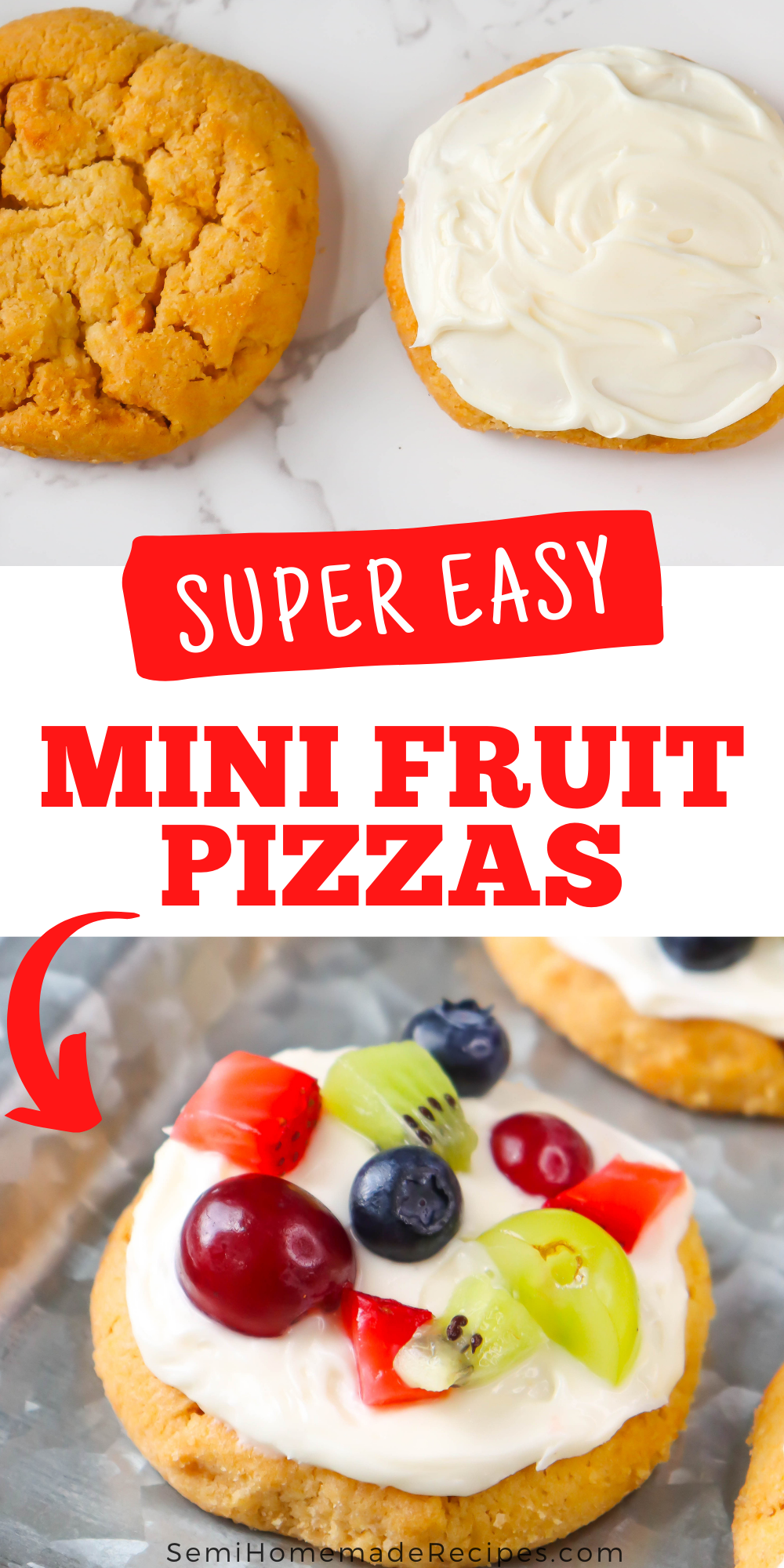 These sweet little mini fruit pizzas are the perfect semi homemade dessert for this summer! Made with sugar cookies, frosting and fresh summer fruit!