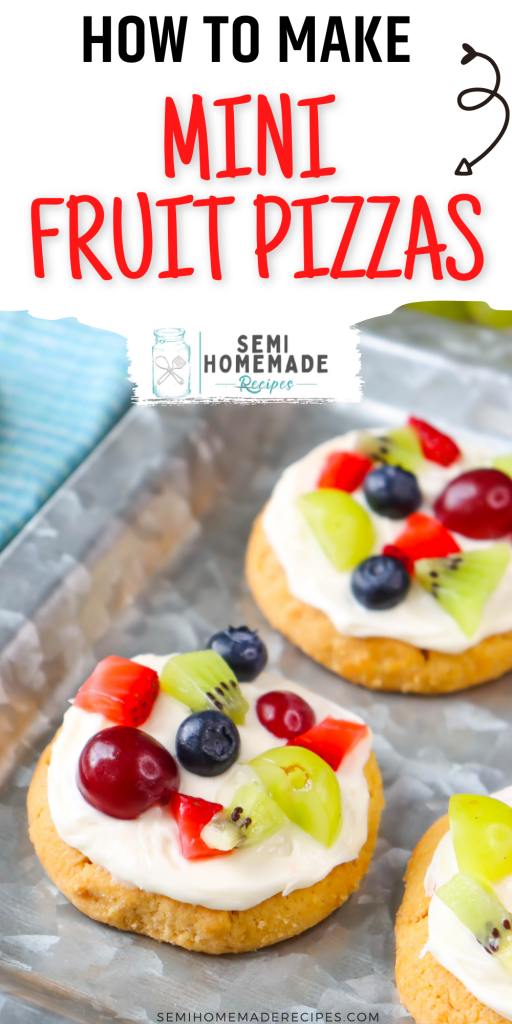 These sweet little mini fruit pizzas are the perfect semi homemade dessert for this summer! Made with sugar cookies, frosting and fresh summer fruit!