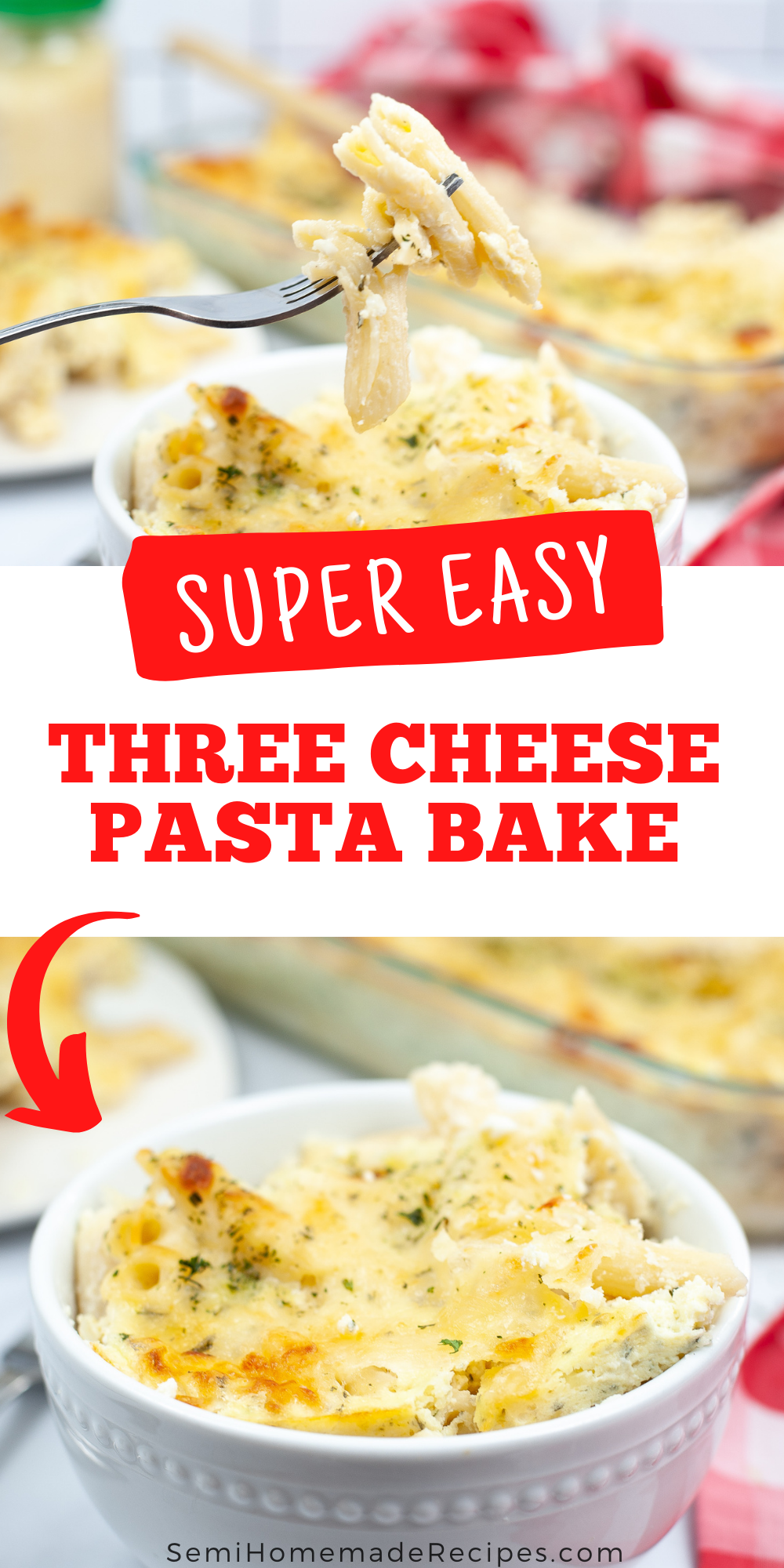 Three Cheese Pasta Bake is make with Mozzarella cheese Parmesan cheese and cottage cheese! Mixed together with penne pasta and baked for about 30 minutes makes for a great dinner!! 