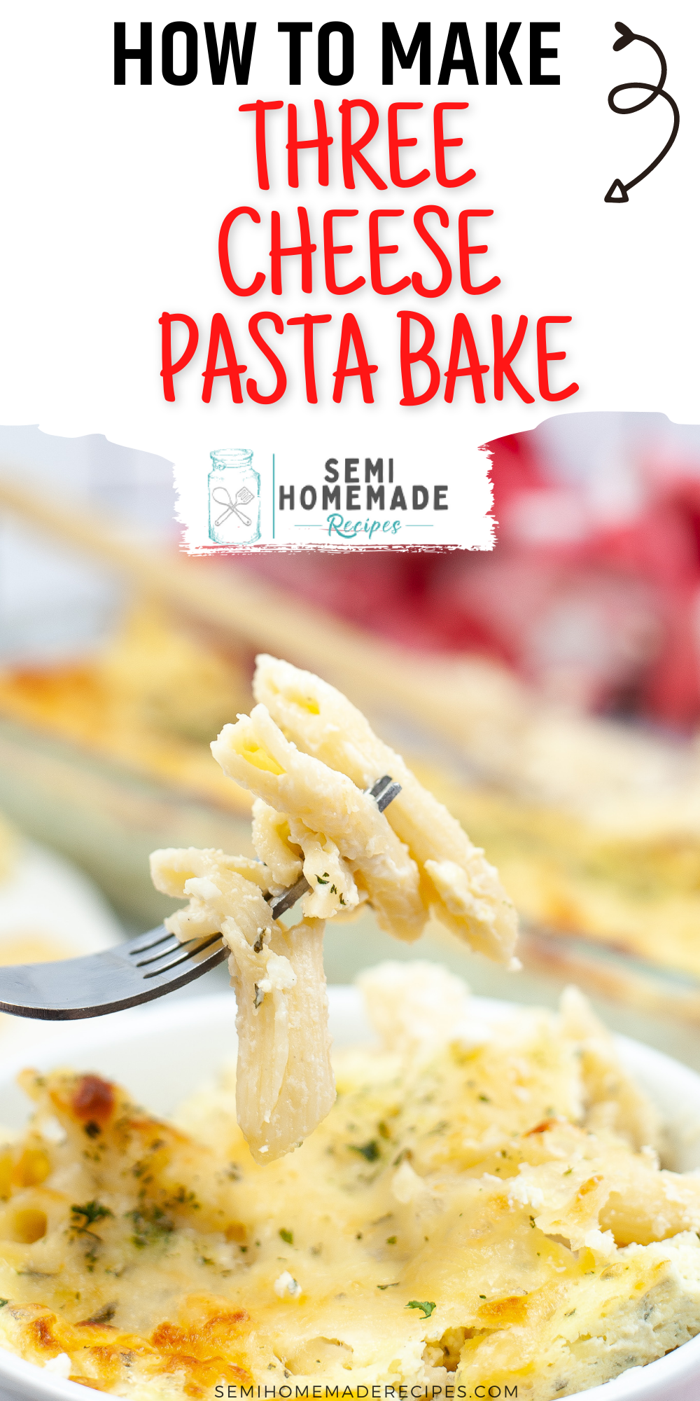 Three Cheese Pasta Bake is make with Mozzarella cheese Parmesan cheese and cottage cheese! Mixed together with penne pasta and baked for about 30 minutes makes for a great dinner!! 