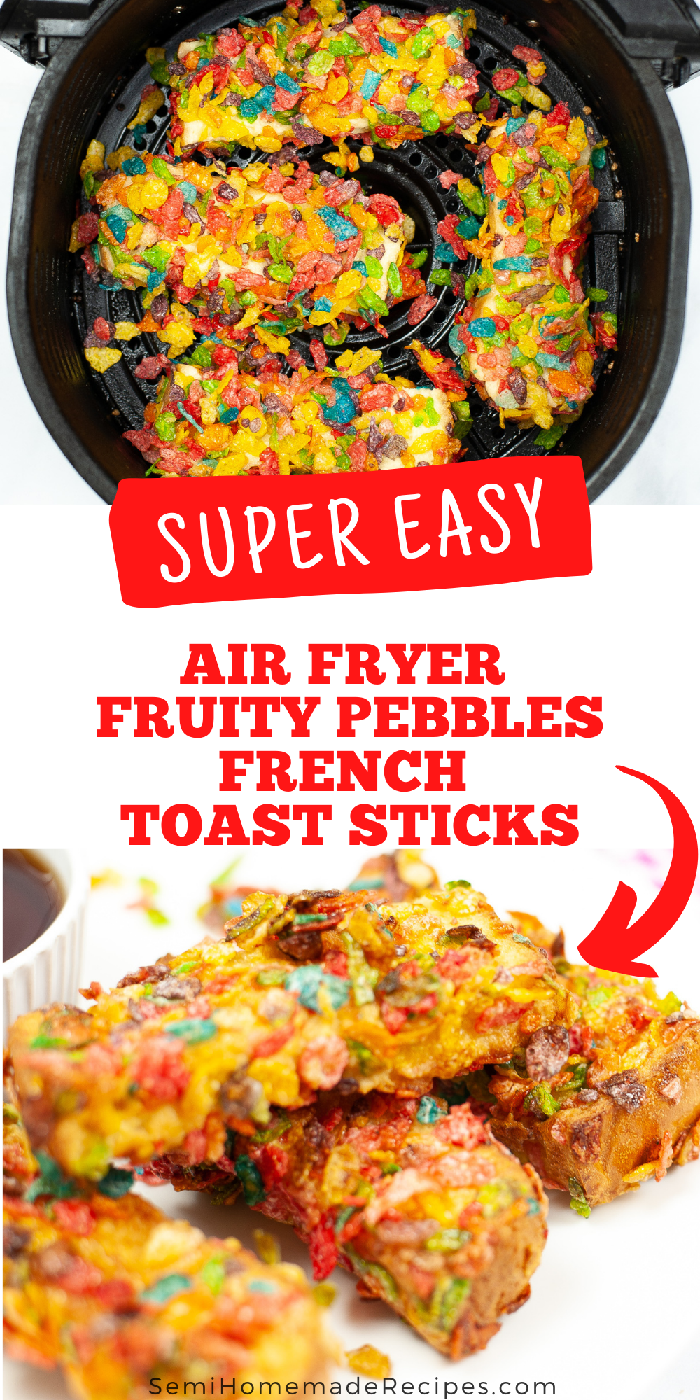 Air Fryer Fruity Pebbles French Toast Sticks are a fun breakfast that kids will love! These cereal French toast sticks are colorful, easy to make and can be made with any of your favorite cereals!