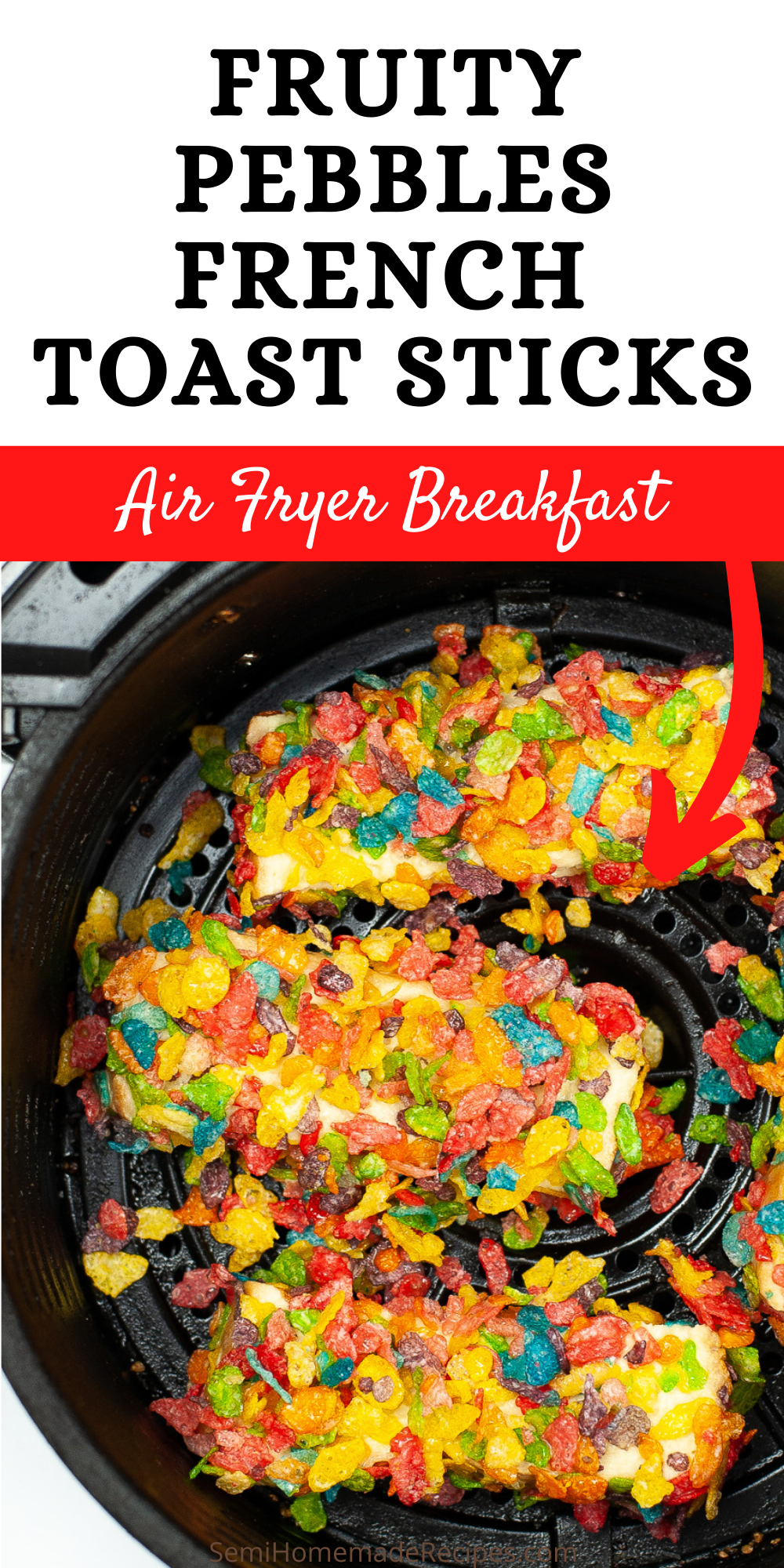 Air Fryer Fruity Pebbles French Toast Sticks are a fun breakfast that kids will love! These cereal French toast sticks are colorful, easy to make and can be made with any of your favorite cereals!