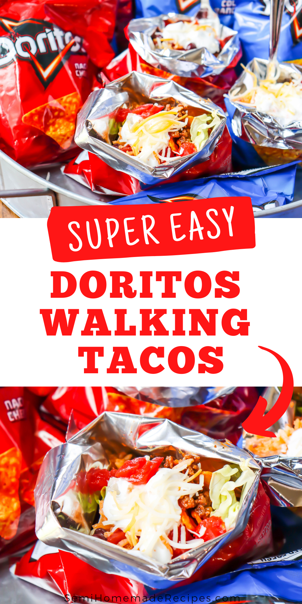 Doritos Walking Tacos - Easy and Mess Free! Fill these Doritos bags with all of your favorite taco toppings and dig in! 