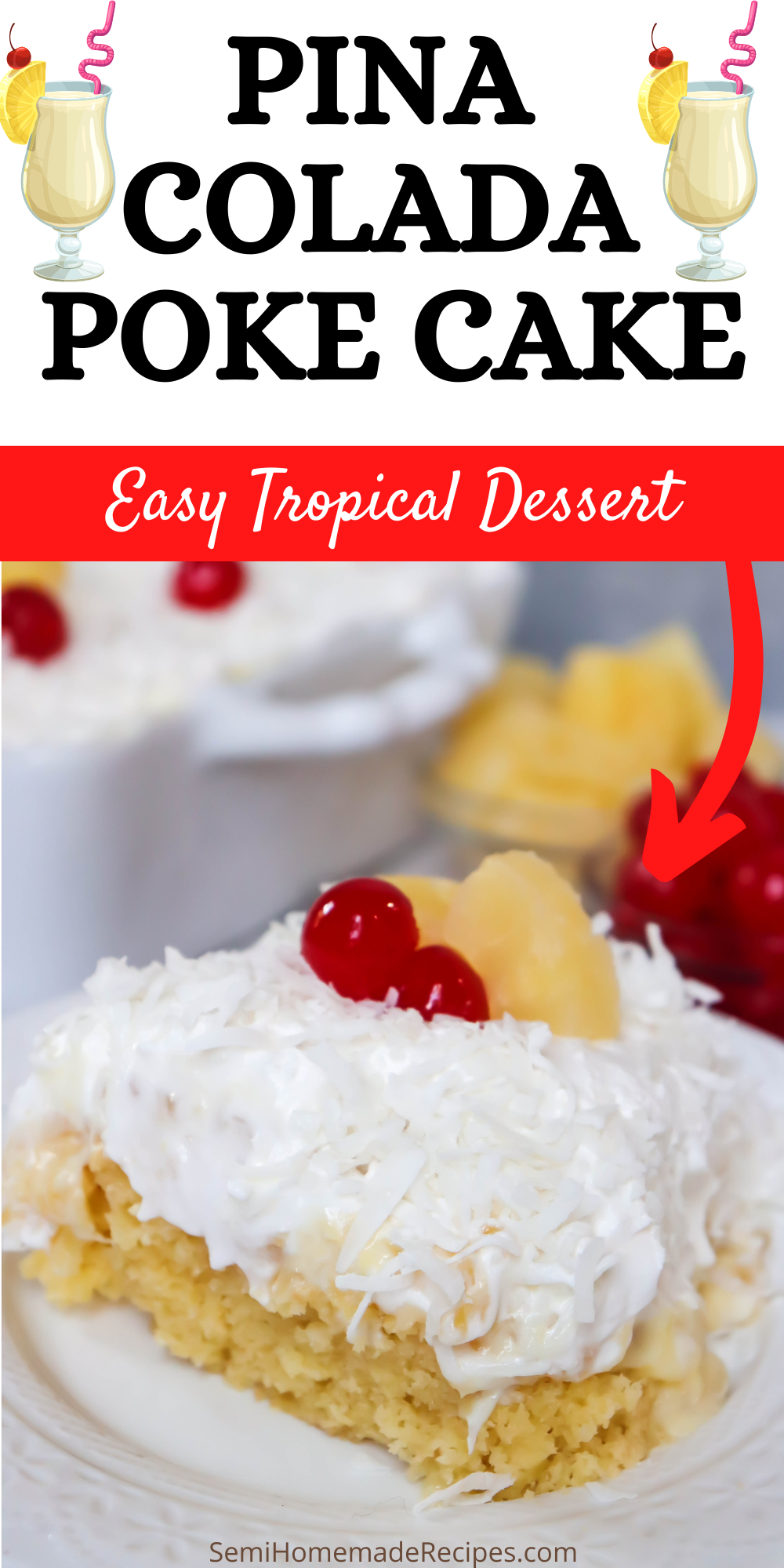 This fun Pina Colada Poke Cake combines pineapple, coconut and cherries into a Pina Colada flavored cake that will transport you to a tropical vacation right in your very own kitchen! 