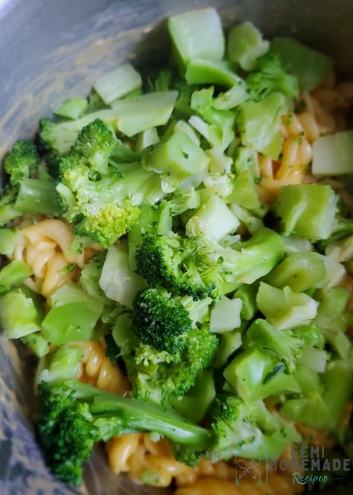 adding broccoli to cooked Rotini pasta with cheese sauce and chicken
