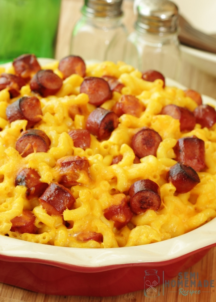 boxed mac and cheese with hot dogs