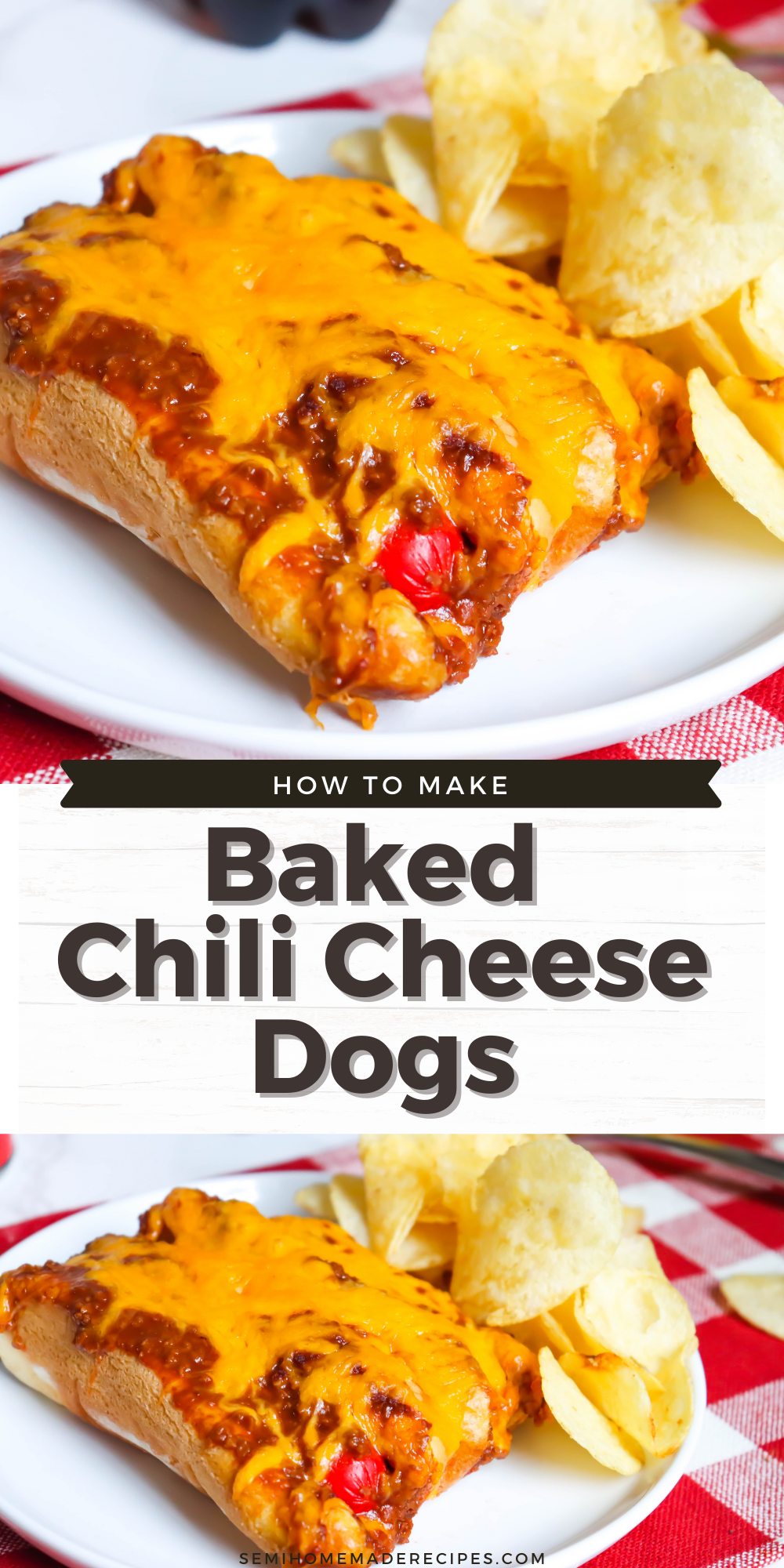Cheesy, Chili covered Hot Dogs that are baked in the oven! These Baked Chili Cheese Dogs are delicious and so easy to make!