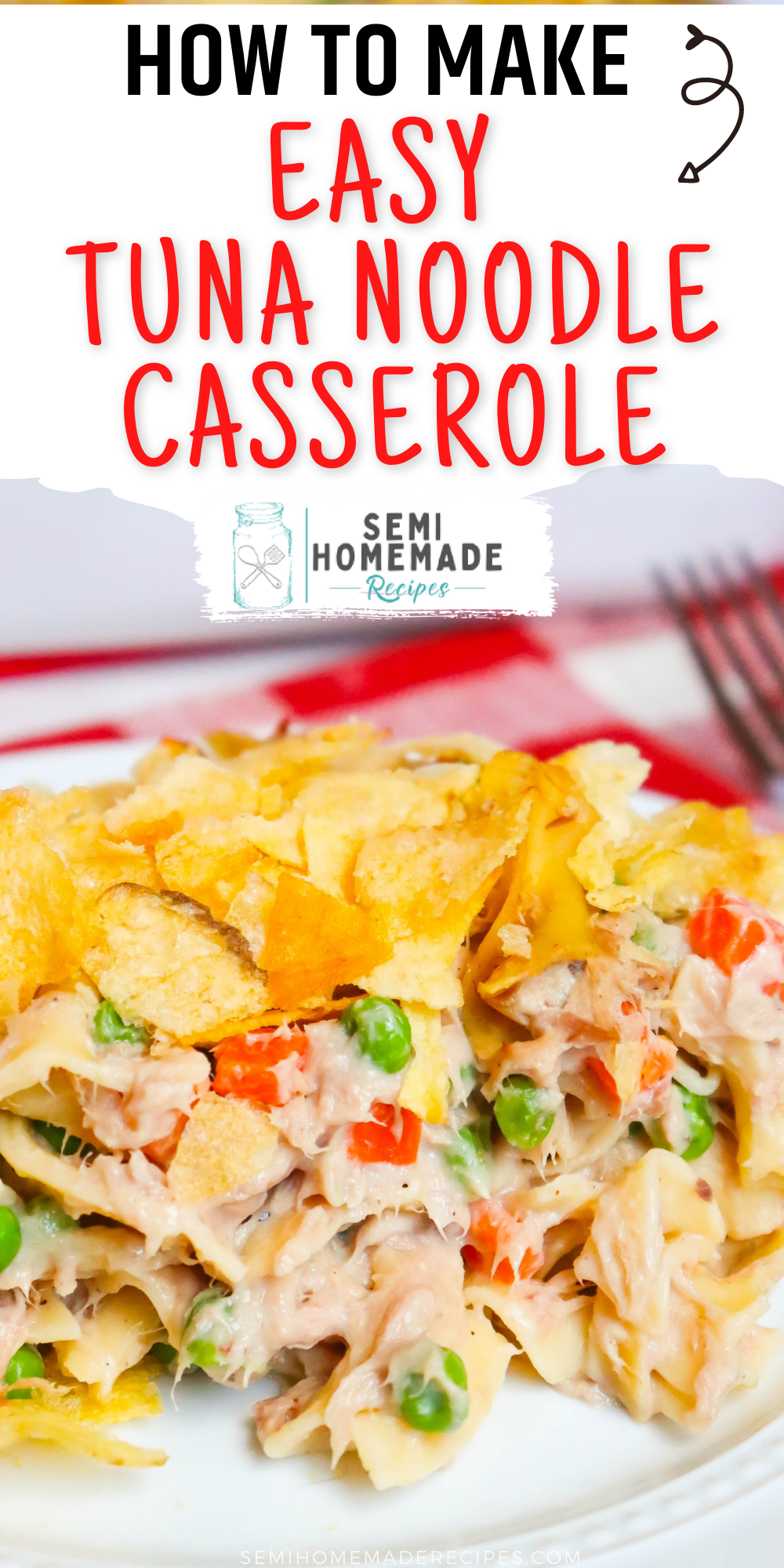 Easy Tuna Noodle Casserole - a classic favorite with egg noodles, lots of tuna, green peas, carrots and classic mushroom soup. We packed even more tuna into our casserole than the average tuna casserole so you get tuna in every bite! 