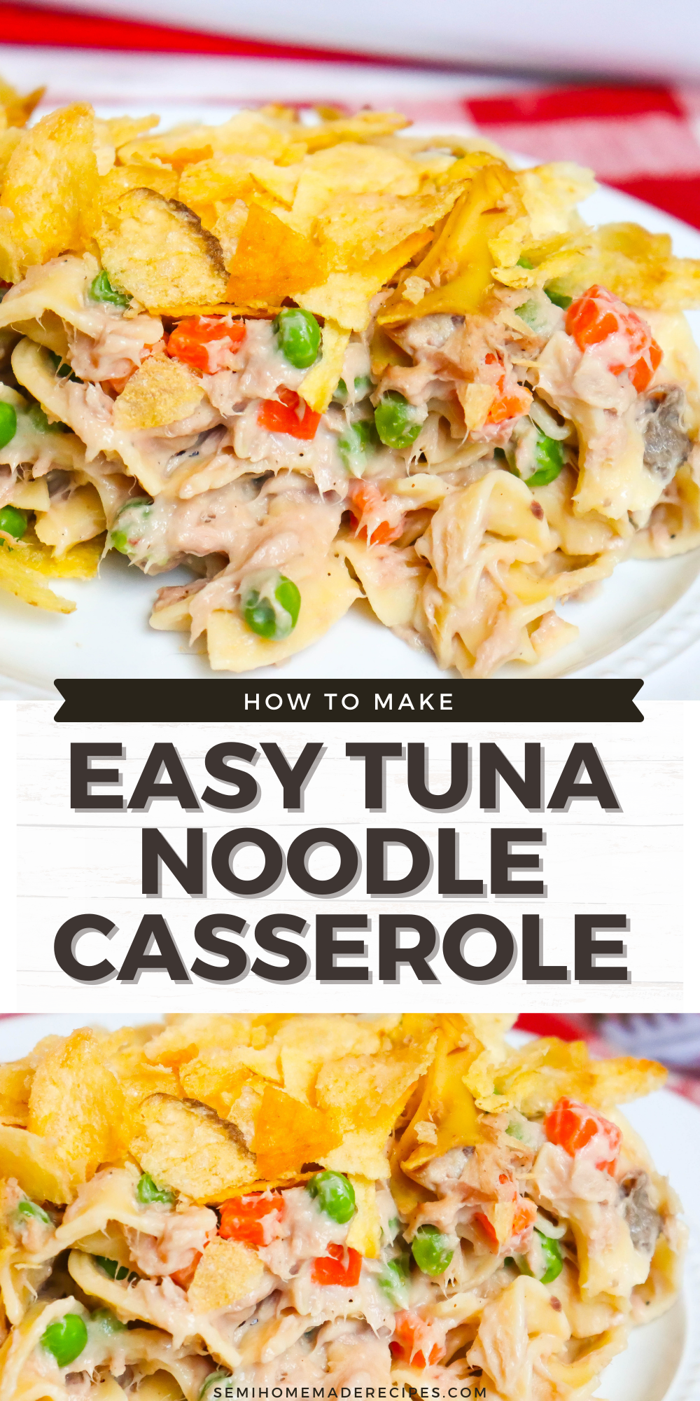 Easy Tuna Noodle Casserole - a classic favorite with egg noodles, lots of tuna, green peas, carrots and classic mushroom soup. We packed even more tuna into our casserole than the average tuna casserole so you get tuna in every bite! 