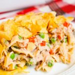 SERVING OF EASY TUNA NOODLE CASSEROLE ON A WHITE PLATE
