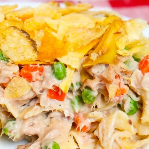 SERVING OF EASY TUNA NOODLE CASSEROLE ON A WHITE PLATE (2)