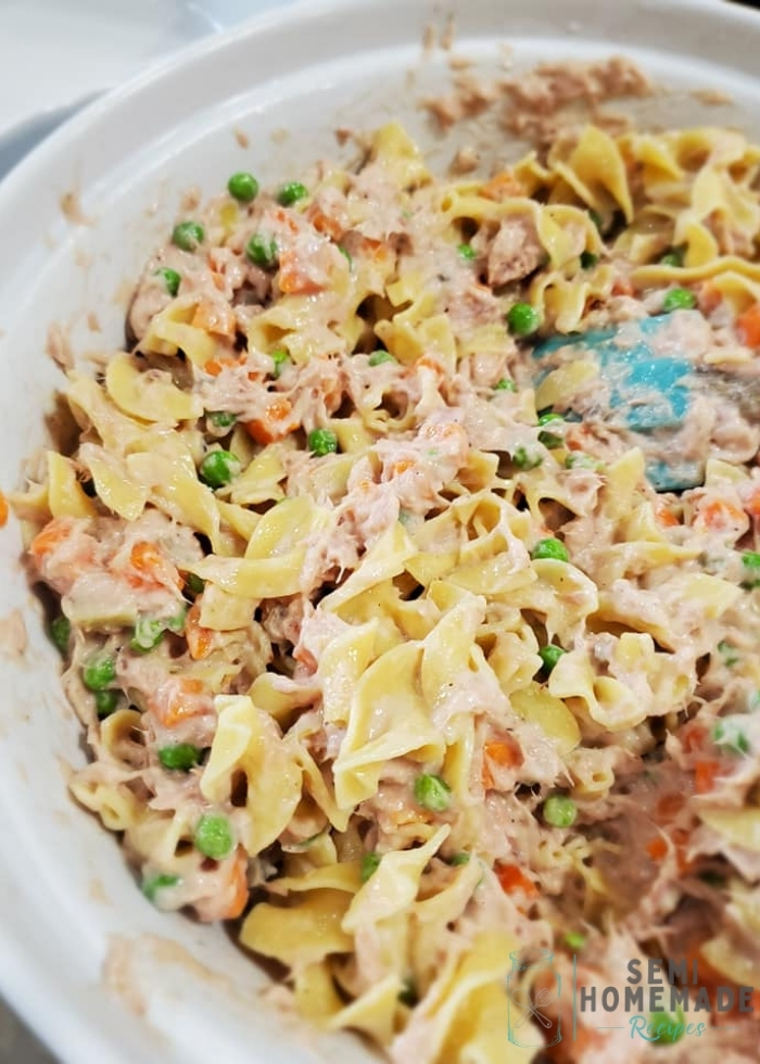 TUNA NOODLE CASSEROLE in mixing bowl