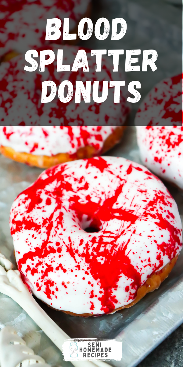 A blood splatter dessert that is perfect for Halloween. You only need a few things like, Donuts, a powdered sugar frosting and food coloring for this spooky dessert!