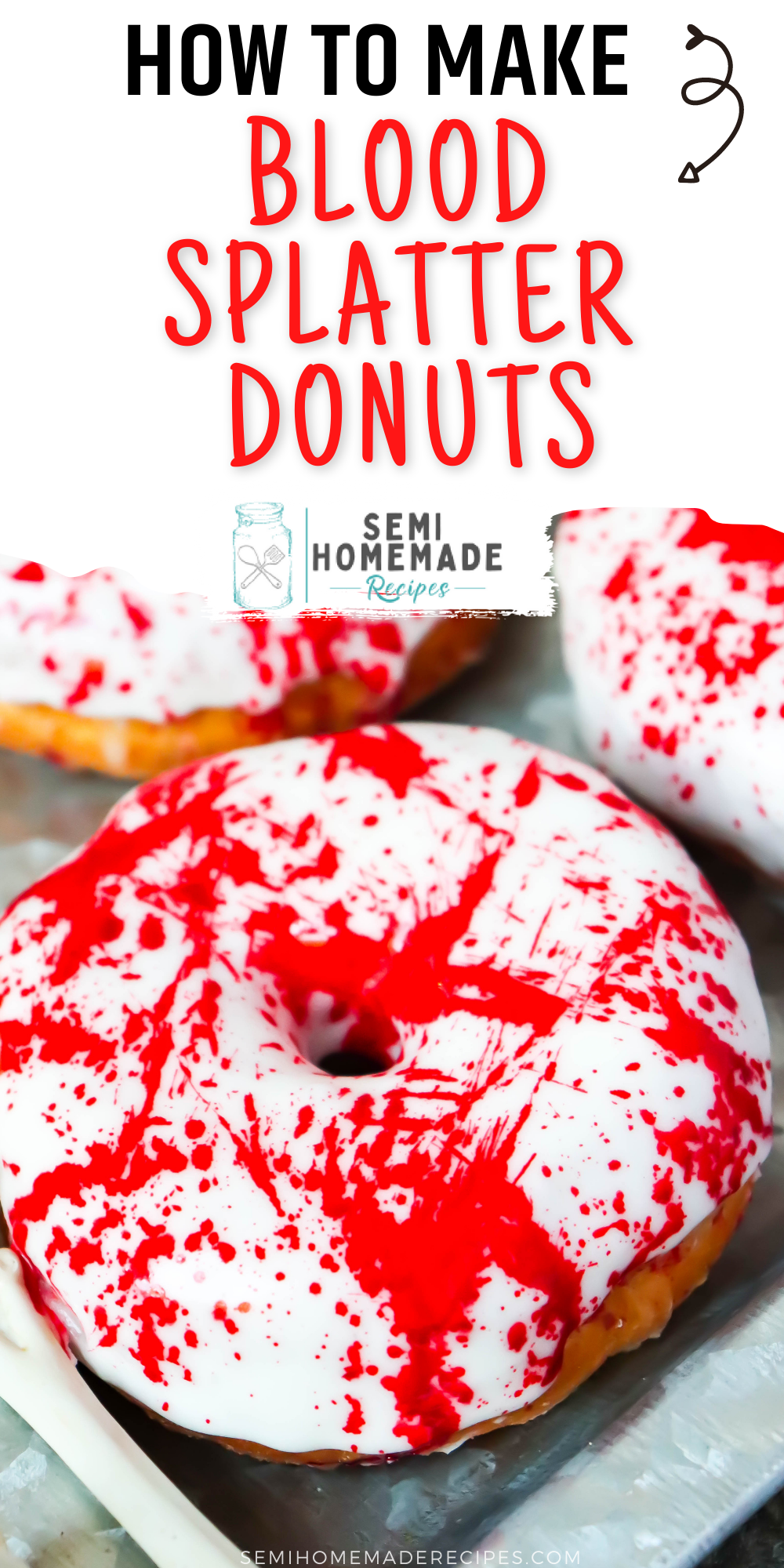 A blood splatter dessert that is perfect for Halloween. You only need a few things like, Donuts, a powdered sugar frosting and food coloring for this spooky dessert!