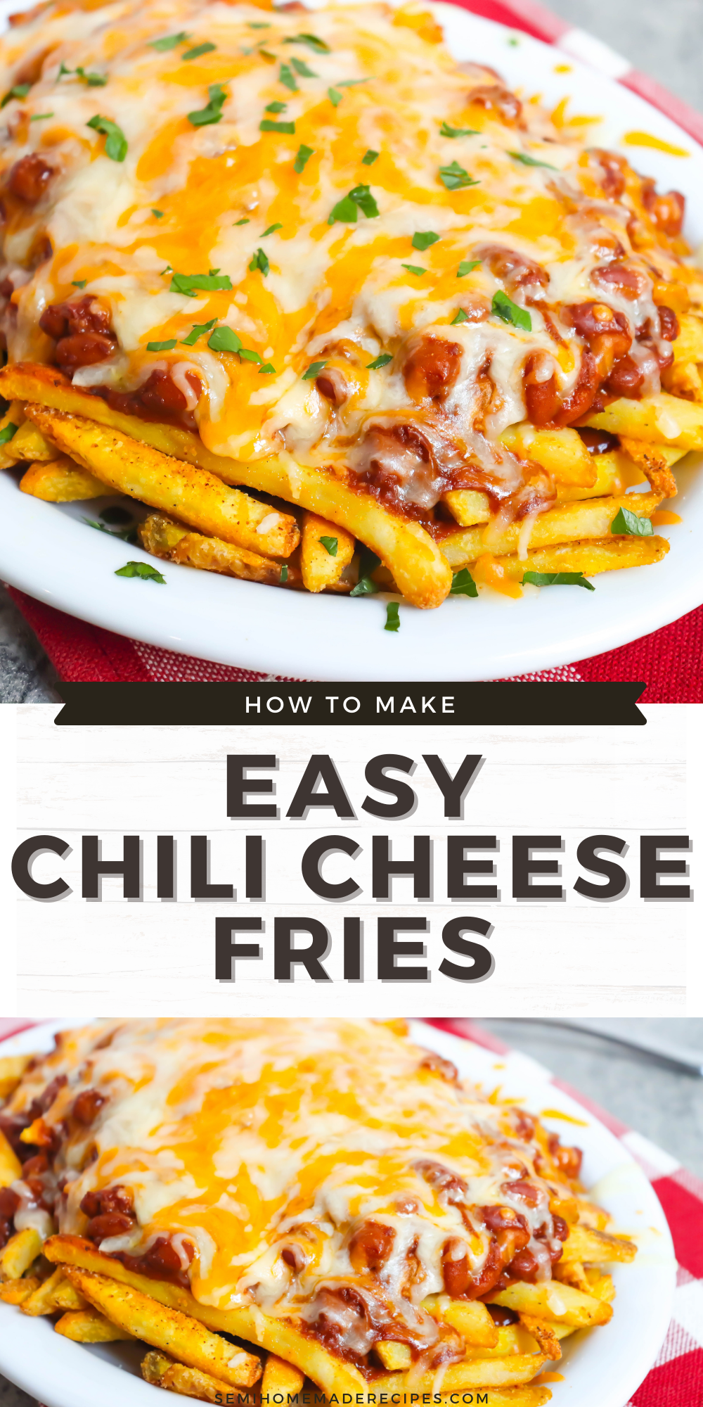 Easy Chili Cheese Fries – This dish is made with baked frozen French fries seasoned with seasoning salt and topped with chili sauce and chili beans Then it is topped with shredded cheese before being placed under the broiler to melt the cheese! Garnish with parsley and enjoy! Great with homemade ranch dressing!