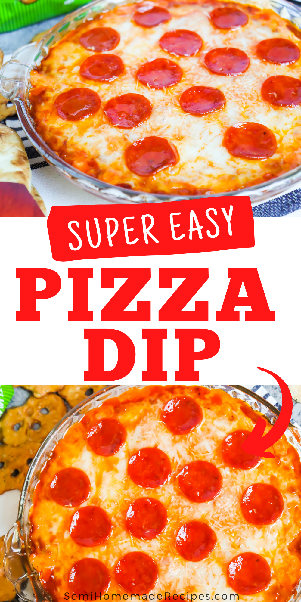 Pizza Dip – layers of cream cheese, parmesan cheese, mozzarella cheese and pizza sauce are topped with more cheese and pepperoni to make this easy pizza party dip! Perfect for serving with pretzels, naan bread, or crispy cheese wisps.