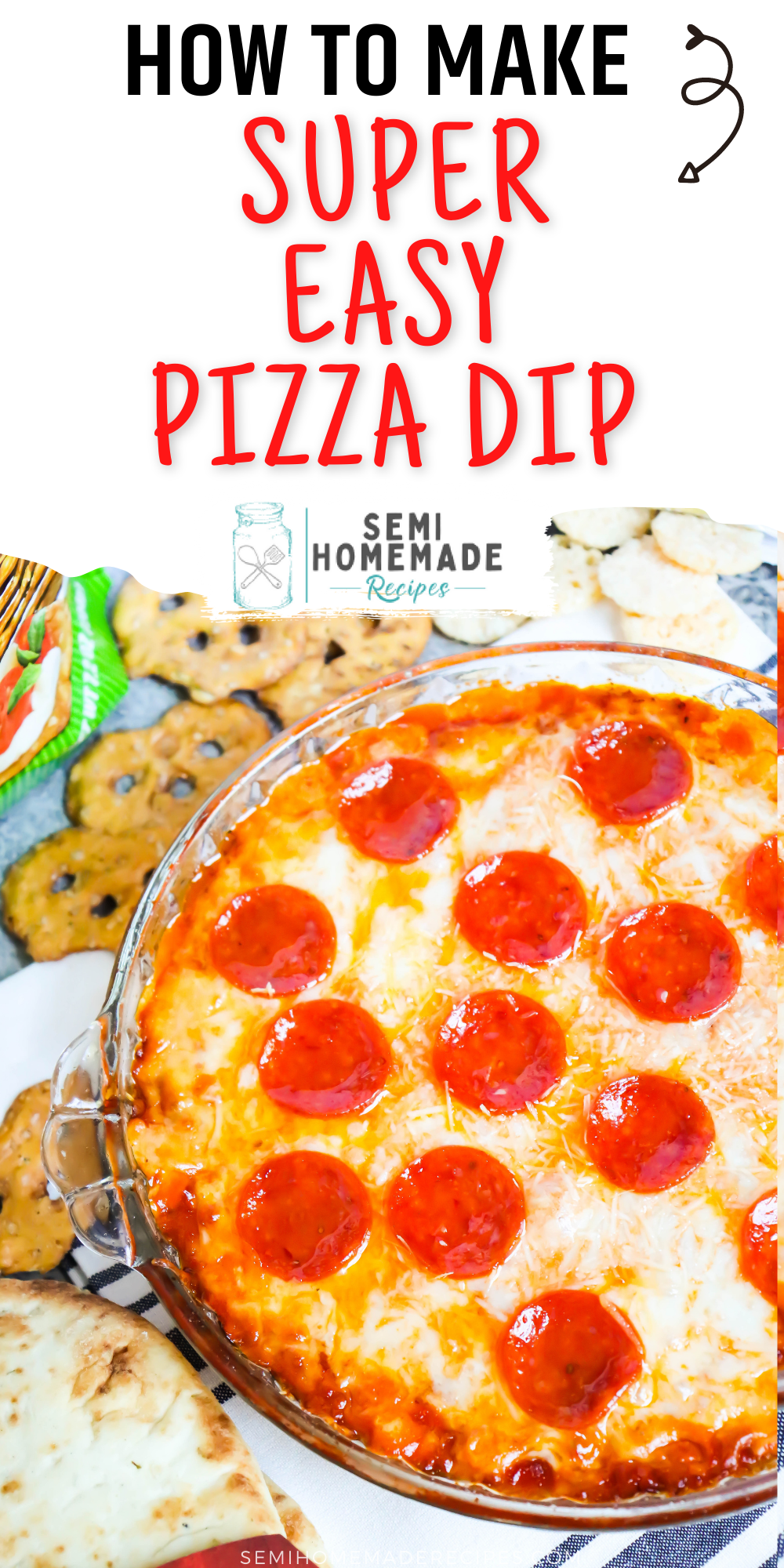 Pizza Dip – layers of cream cheese, parmesan cheese, mozzarella cheese and pizza sauce are topped with more cheese and pepperoni to make this easy pizza party dip! Perfect for serving with pretzels, naan bread, or crispy cheese wisps.

