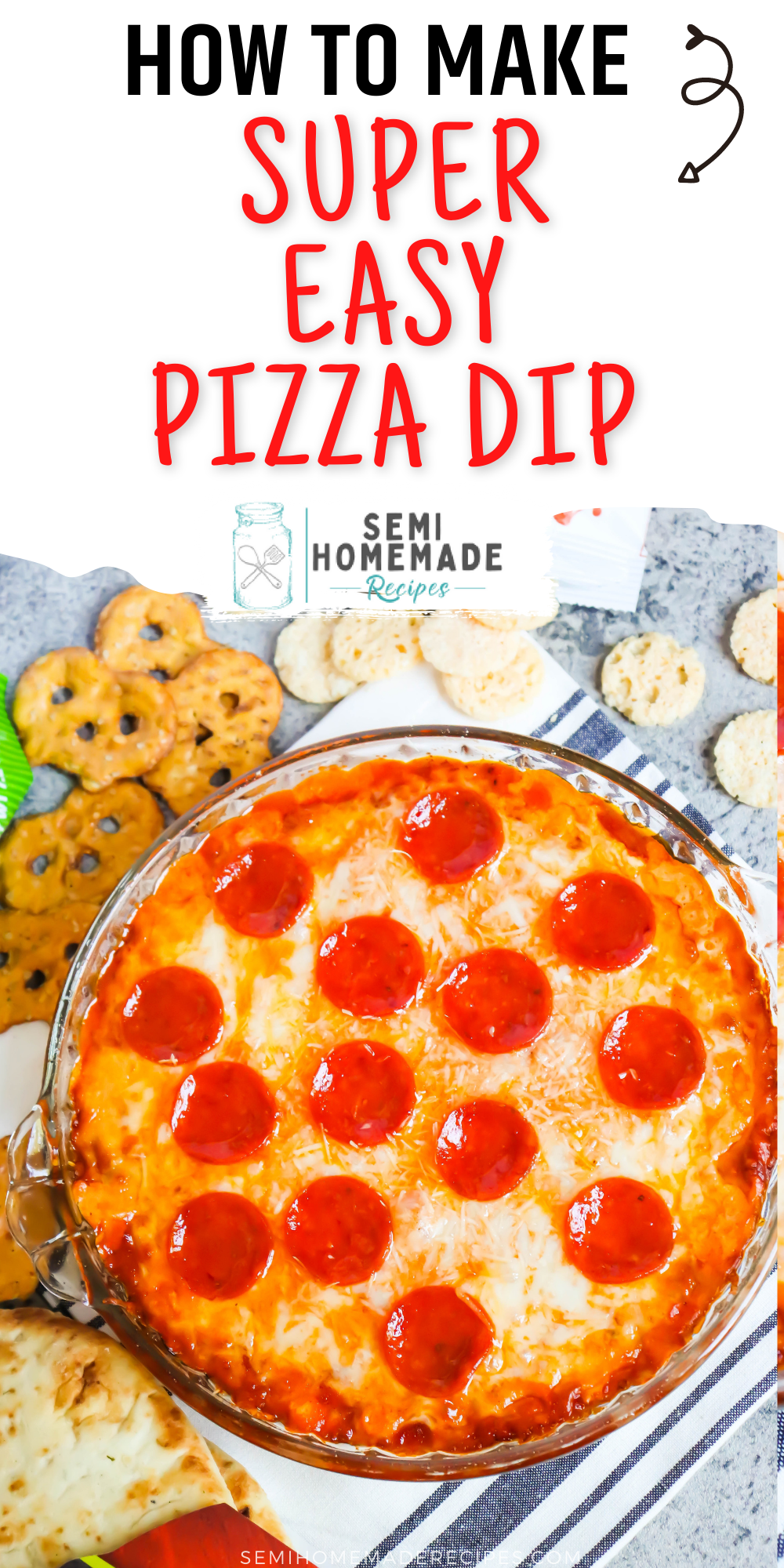 Pizza Dip – layers of cream cheese, parmesan cheese, mozzarella cheese and pizza sauce are topped with more cheese and pepperoni to make this easy pizza party dip! Perfect for serving with pretzels, naan bread, or crispy cheese wisps.

