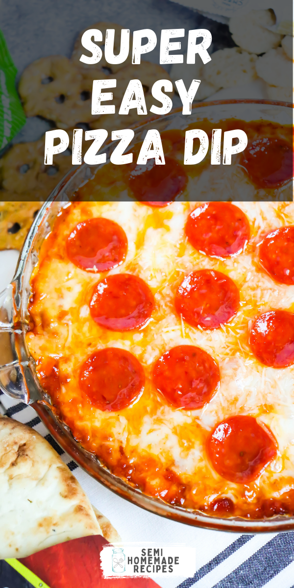 Pizza Dip - layers of cream cheese, parmesan cheese, mozzarella cheese and pizza sauce are topped with more cheese and pepperoni to make this easy pizza party dip! Perfect for serving with pretzels, naan bread, or crispy cheese wisps.