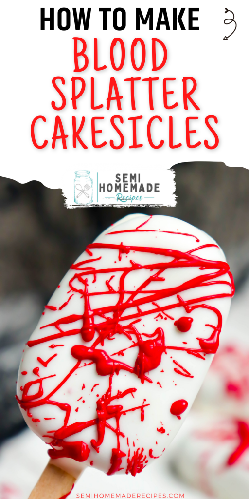 Blood Splatter Cakesicles made with red velvet cake and dipped in white chocolate candy coating, then decorated with red chocolate "blood splatter" for a creepy Halloween dessert!
