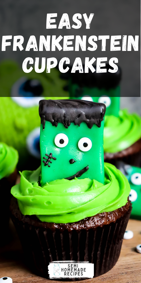 These easy Frankenstein Cupcakes are made up of chocolate cupcakes, green frosting and Frankenstein monsters made out of green airhead candy!